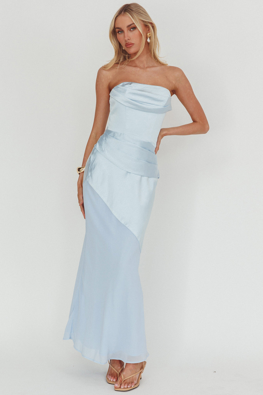 Moon Aura Pleat Detail Strapless Maxi Dress Blue by Selfie Leslie
