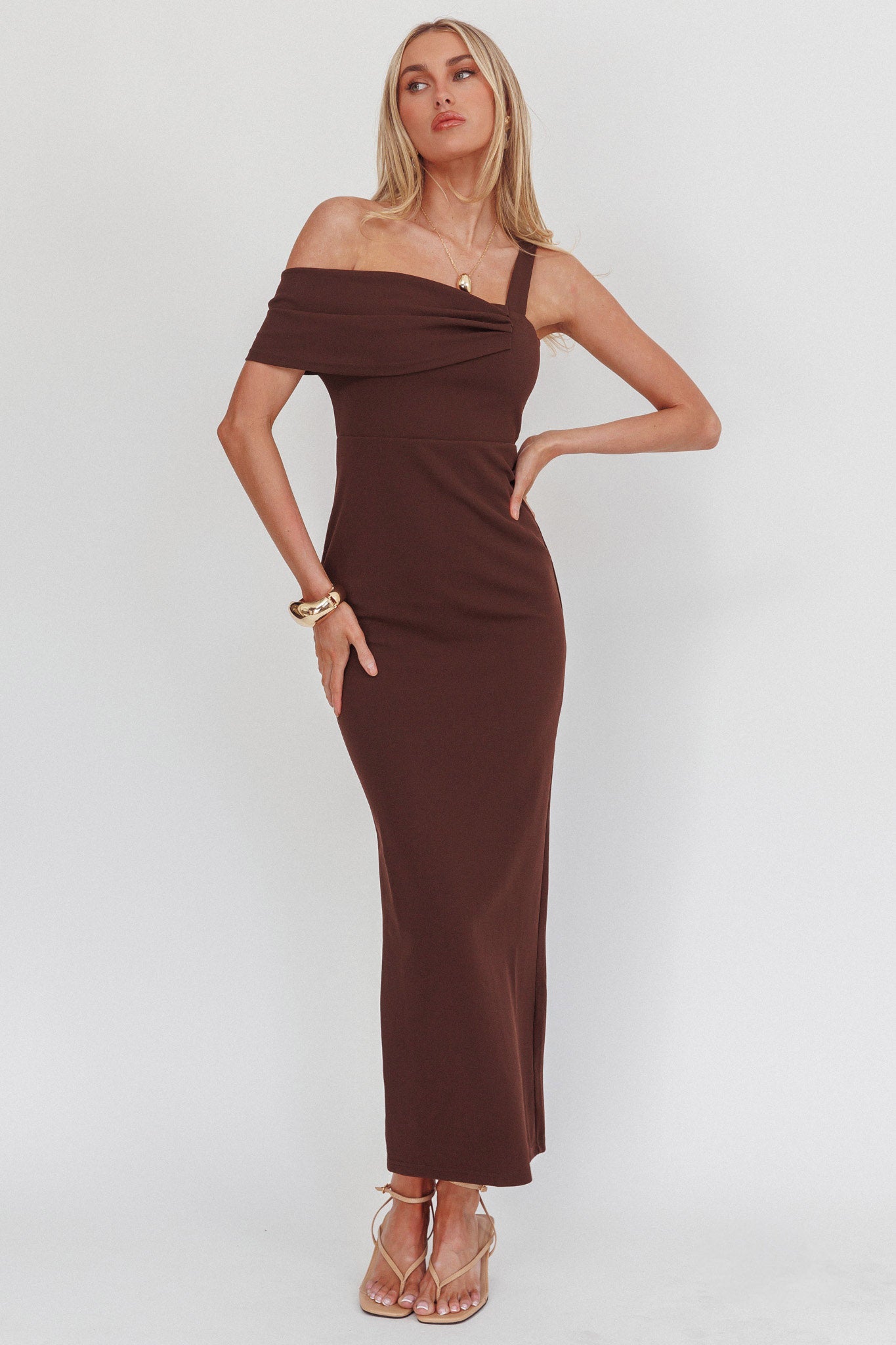 Saffra Asymmetric Shoulder Maxi Dress Chocolate by Selfie Leslie