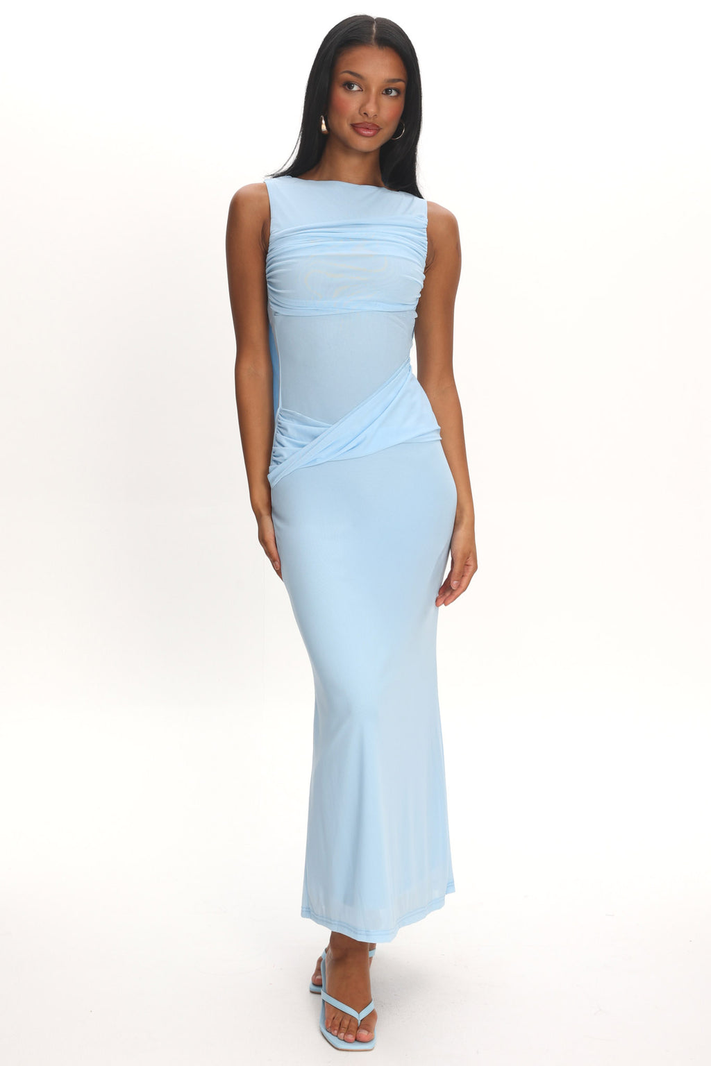 ice blue midi dress Chic Puff Sleeve Ice Blue A-line Midi Dress