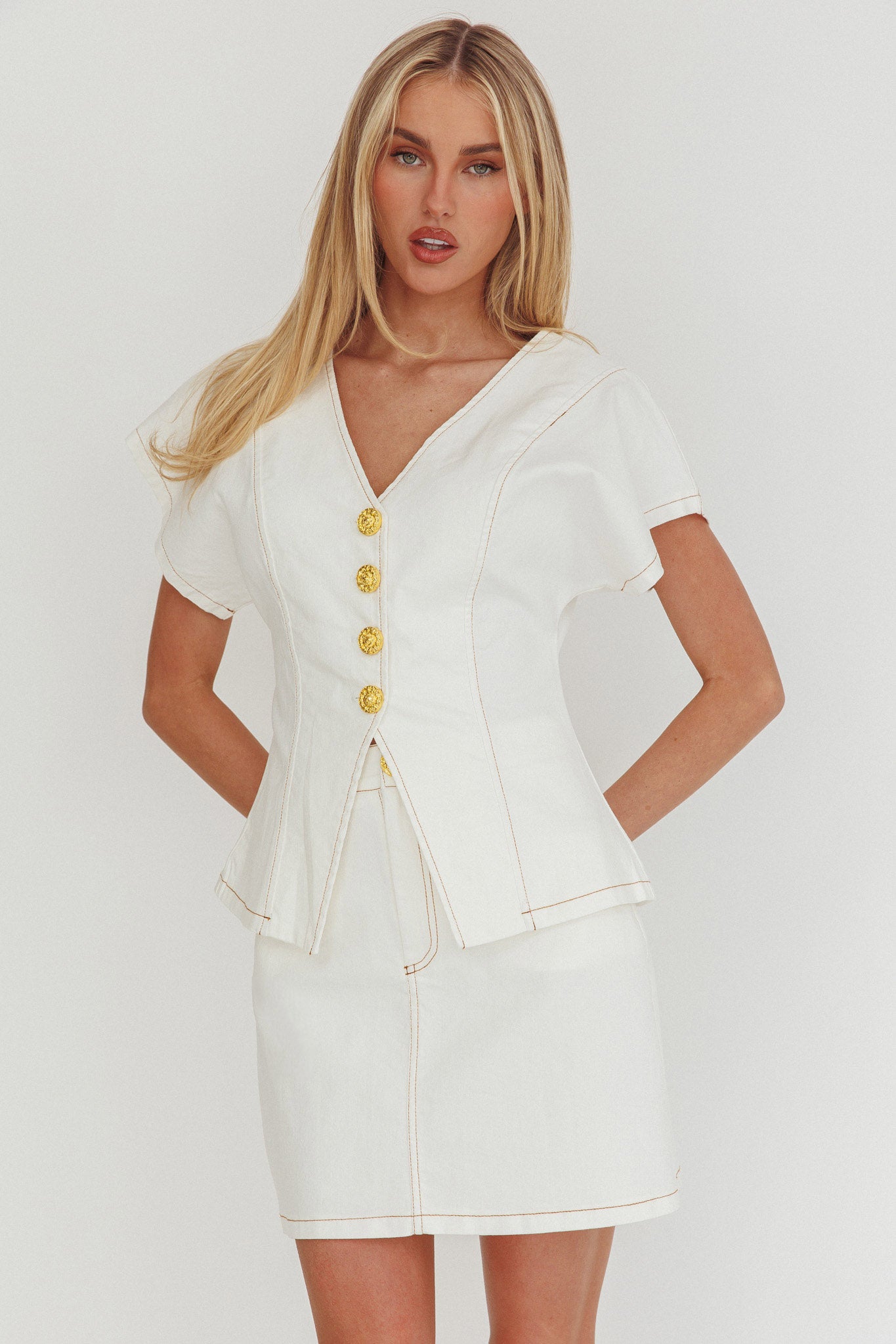 Over It Short Gold Button Mini Skirt Cream by Selfie Leslie
