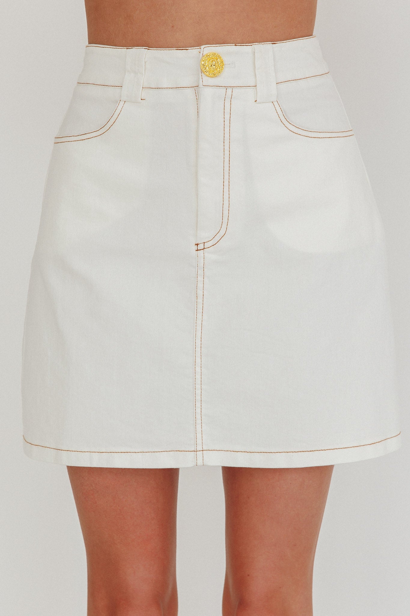 Over It Short Gold Button Mini Skirt Cream by Selfie Leslie