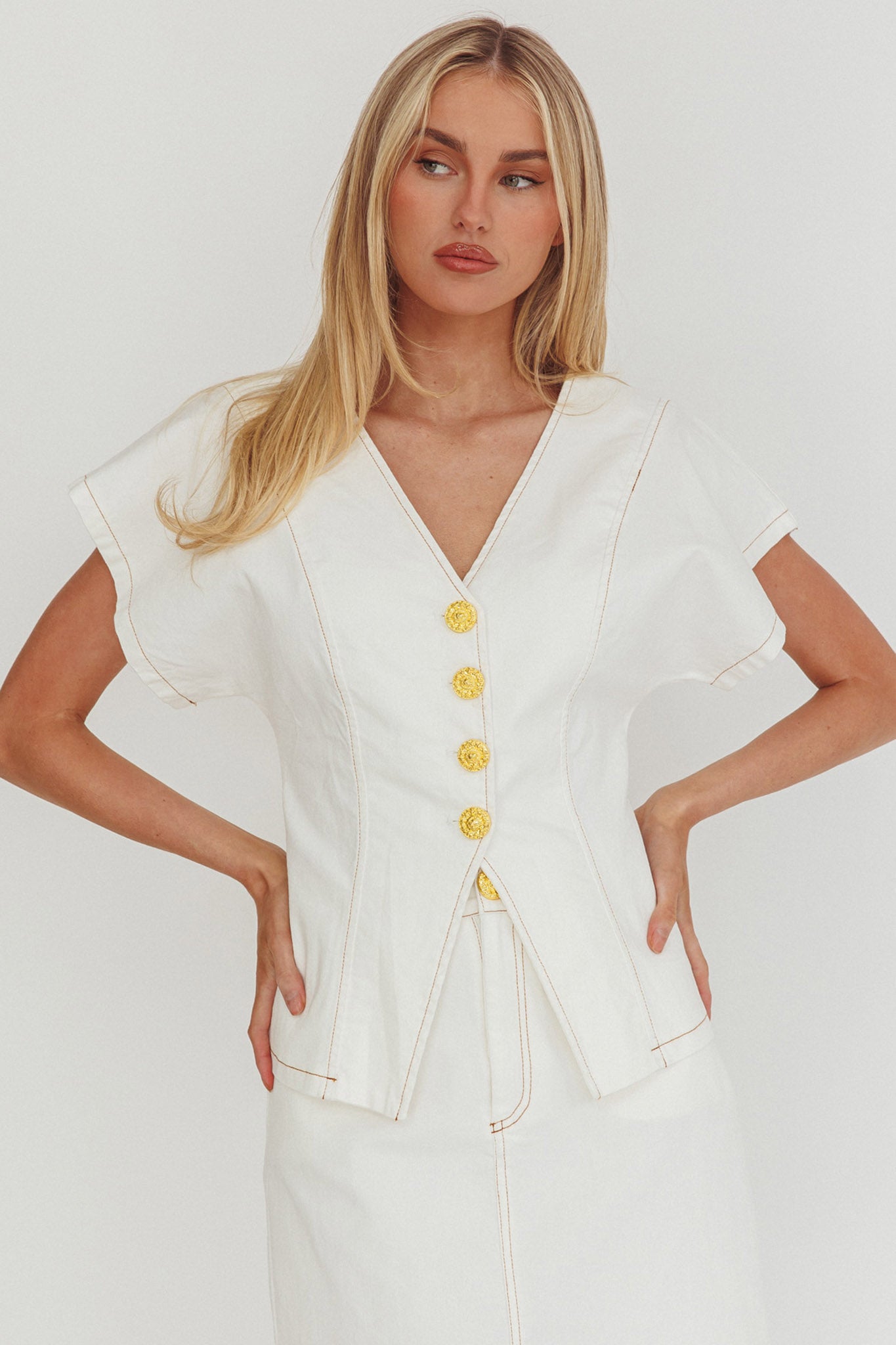 Over It Short Sleeve Button Top Cream by Selfie Leslie