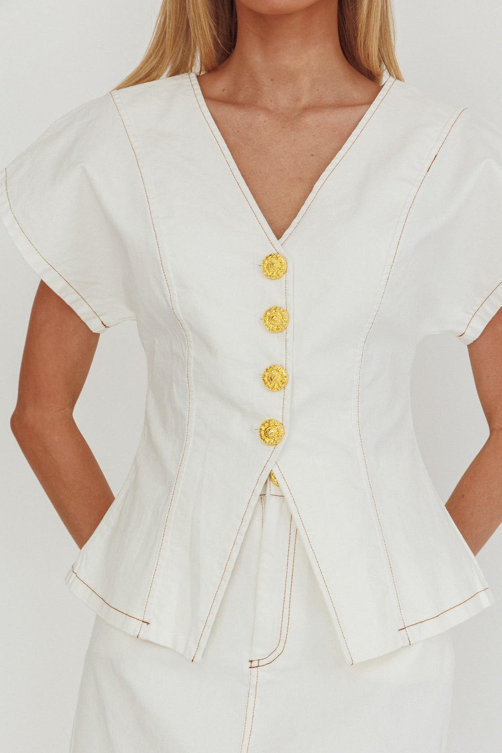 Over It Short Sleeve Button Top Cream by Selfie Leslie