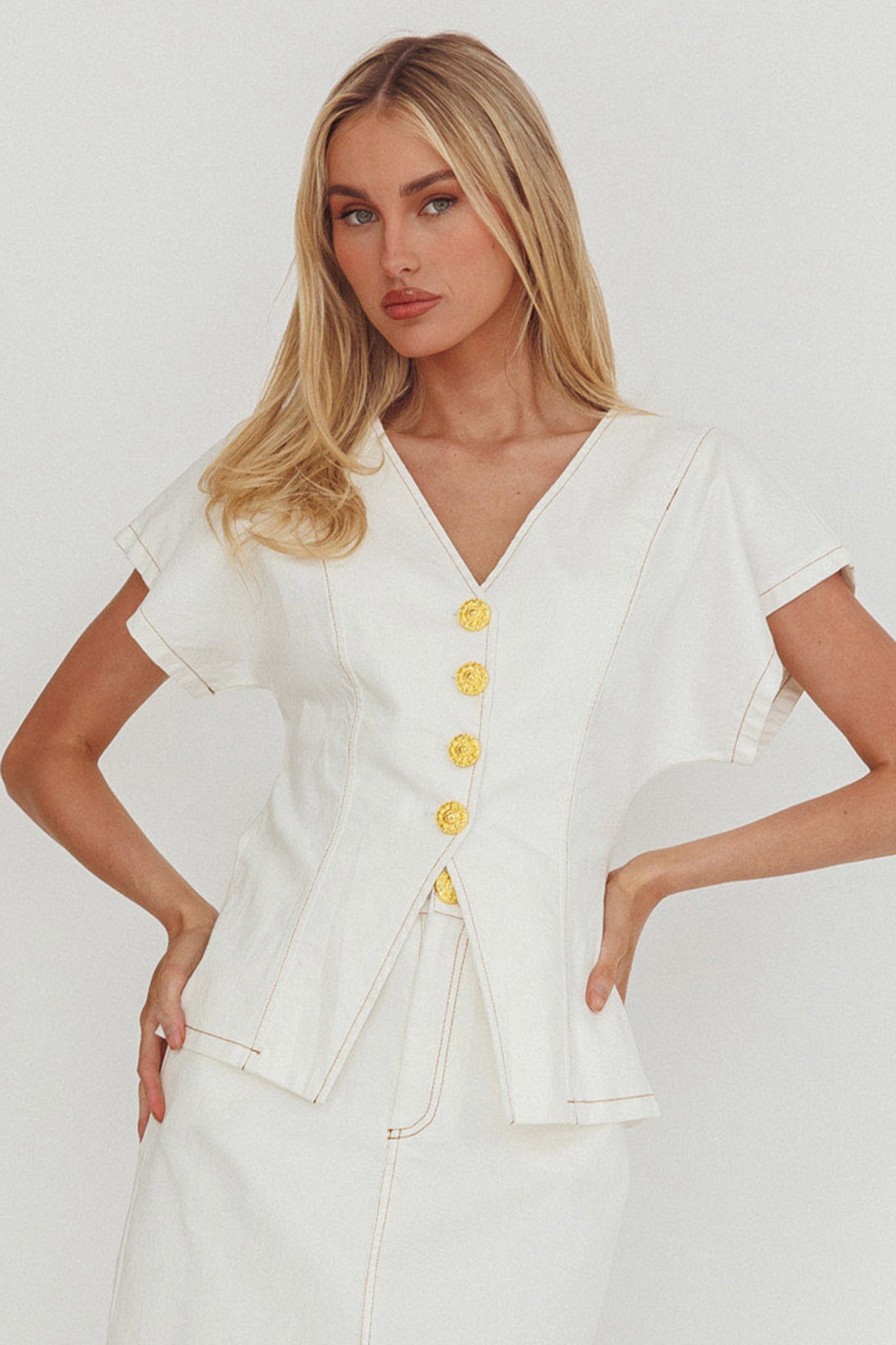 Over It Short Sleeve Button Top Cream by Selfie Leslie