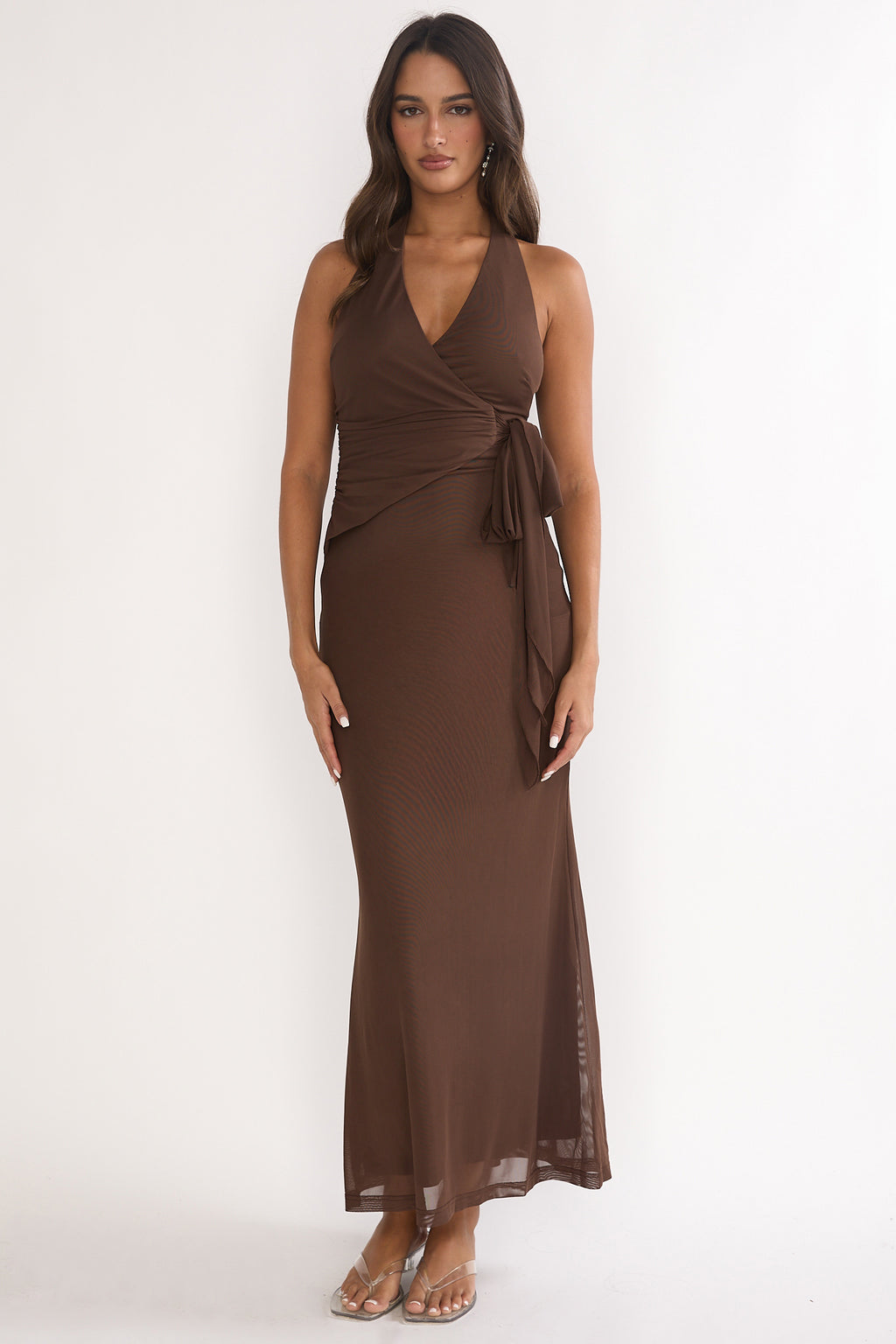 Halo Moon Wrap Front Halter Maxi Dress Chocolate by Selfie Leslie