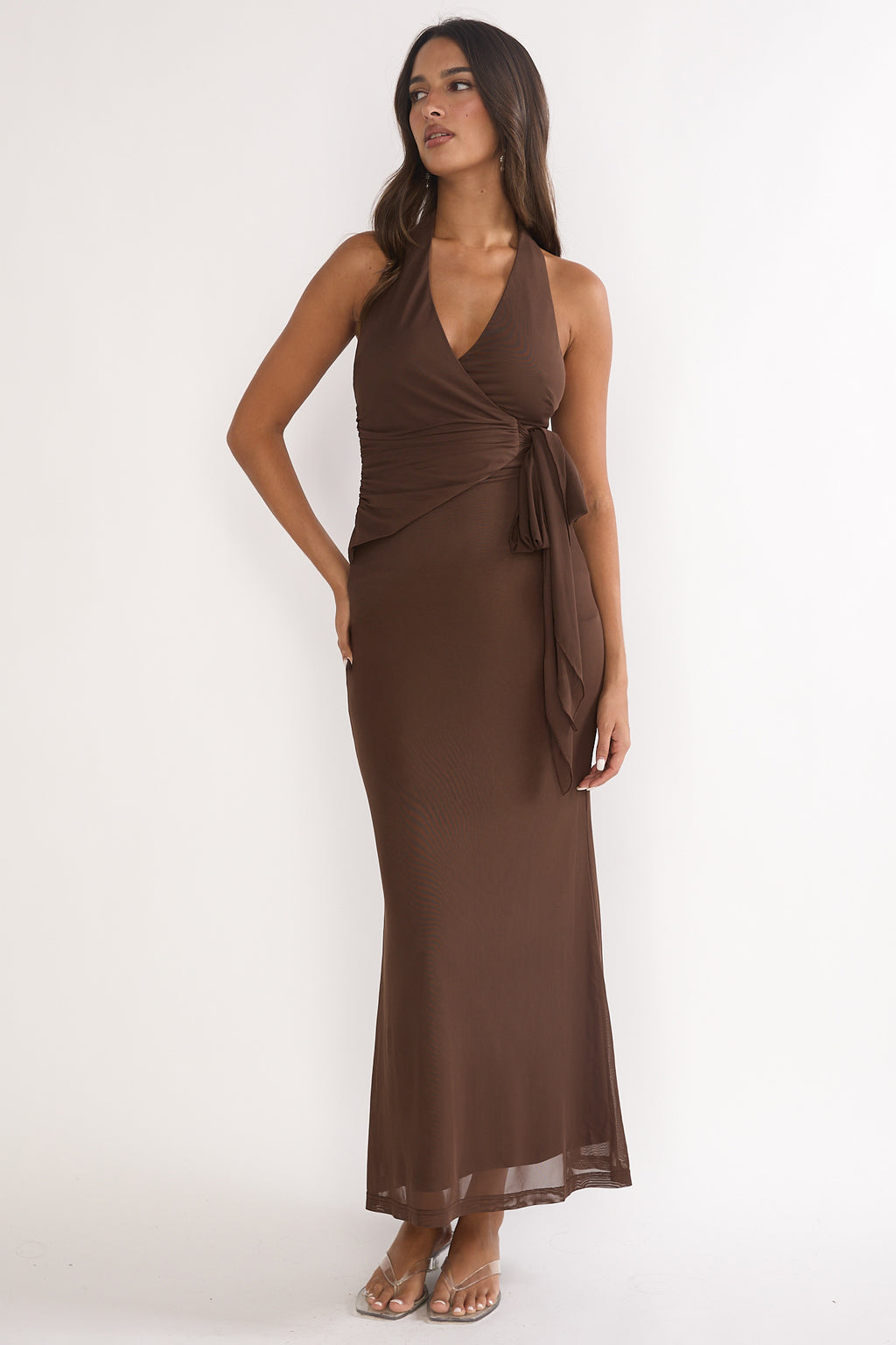 Halo Moon Wrap Front Halter Maxi Dress Chocolate by Selfie Leslie