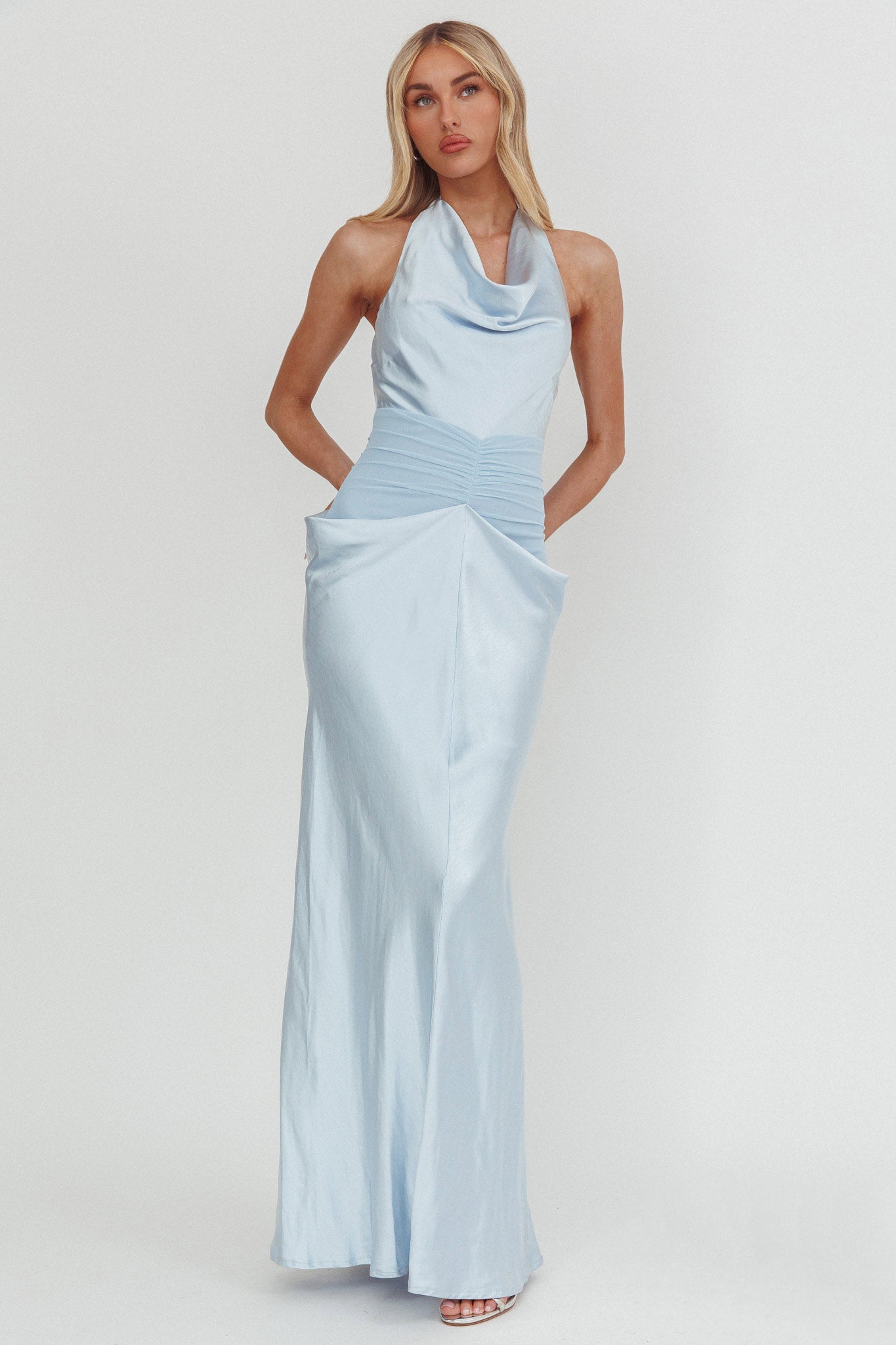Zynthia Cowl Neck Ruched Waist Maxi Dress Ice Blue | Selfie Leslie
