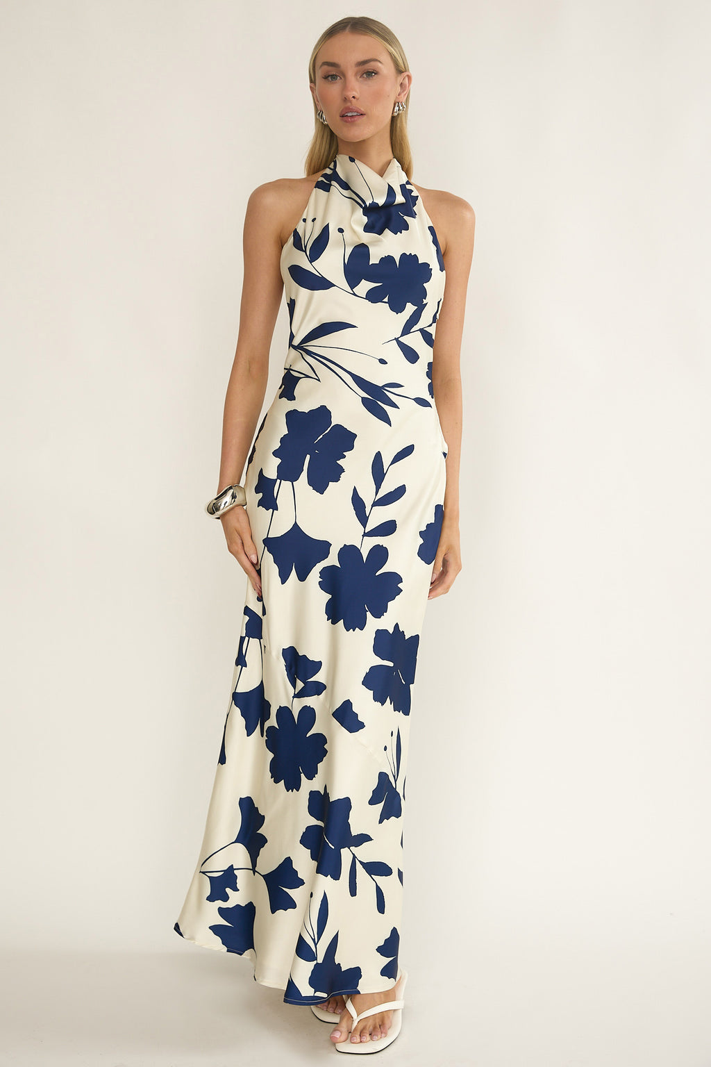 Elowis Cowl Halterneck Maxi Dress Floral Beige by Selfie Leslie