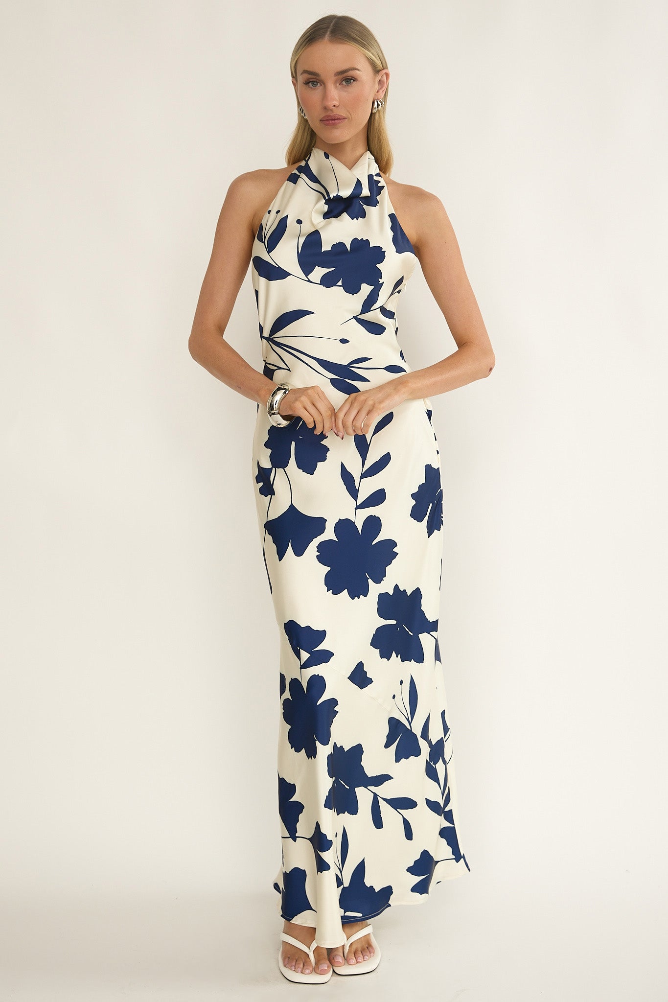 Elowis Cowl Halterneck Maxi Dress Floral Beige by Selfie Leslie