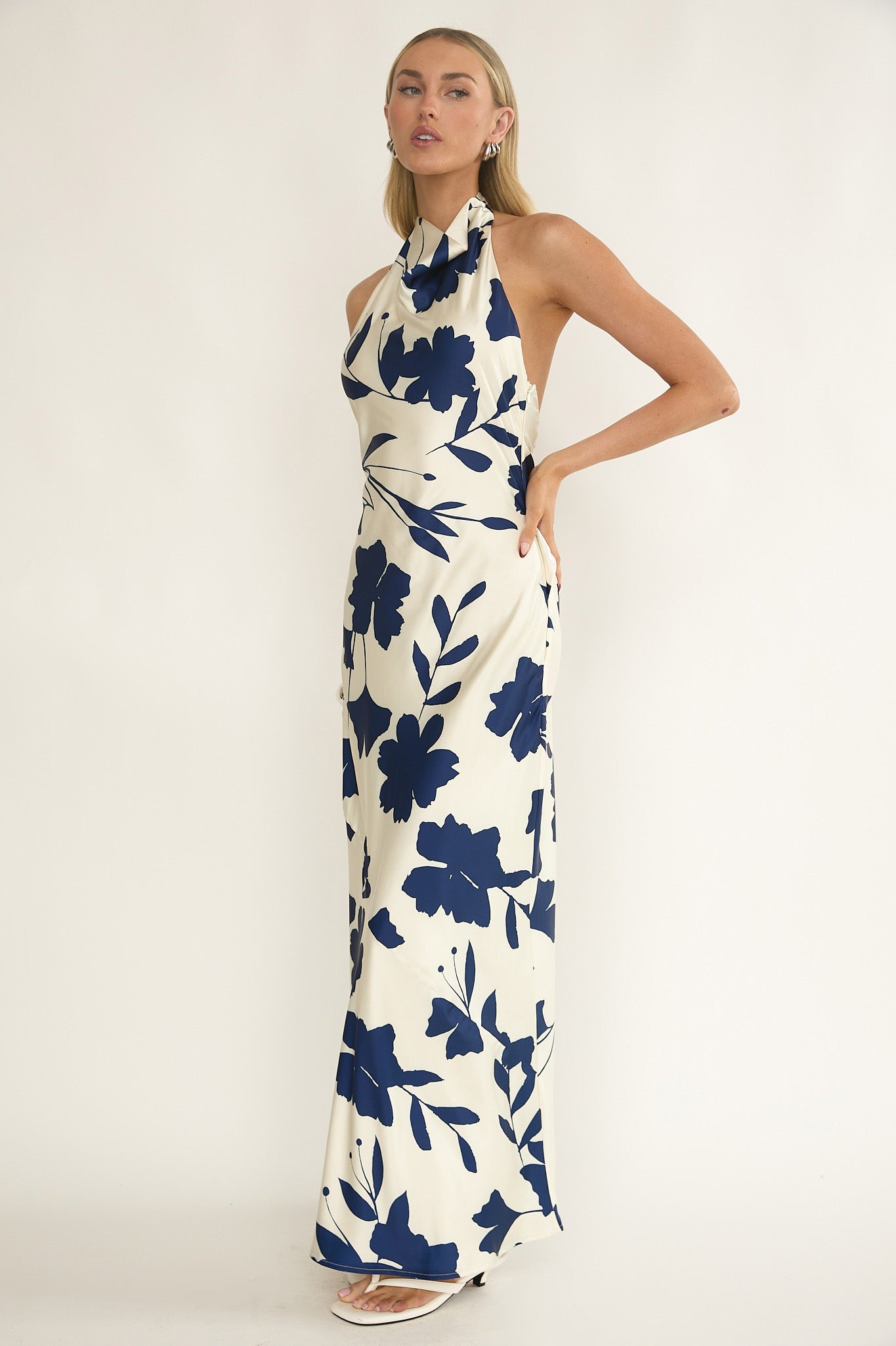 Elowis Cowl Halterneck Maxi Dress Floral Beige by Selfie Leslie