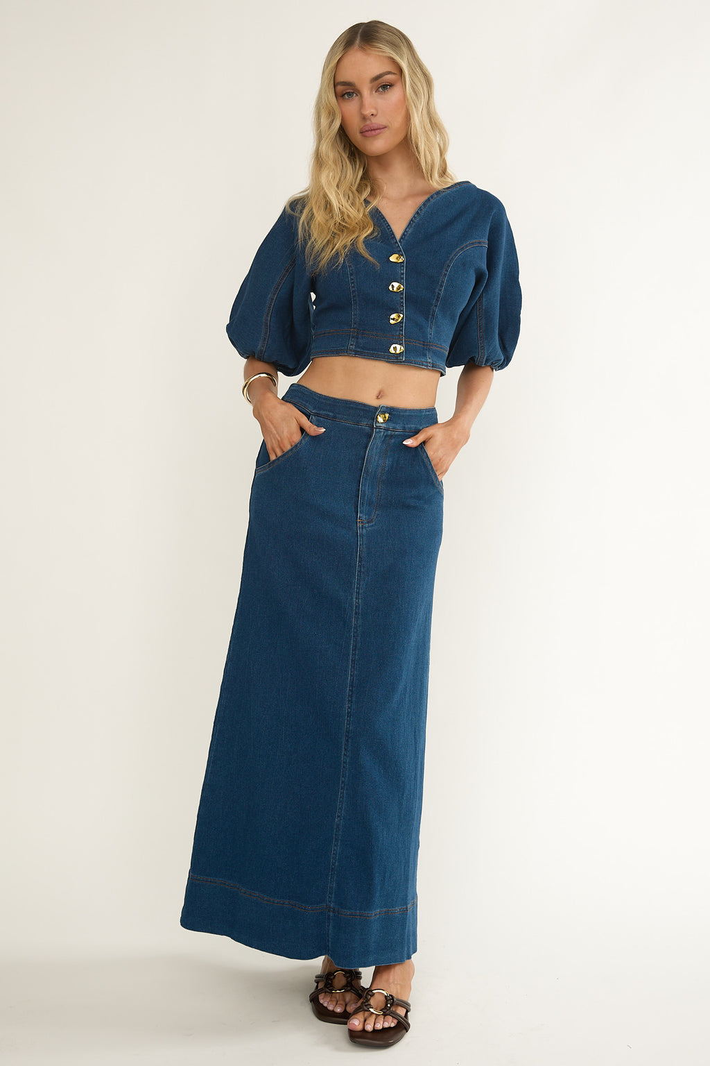Kaelis Pocket Maxi Skirt Denim by Selfie Leslie