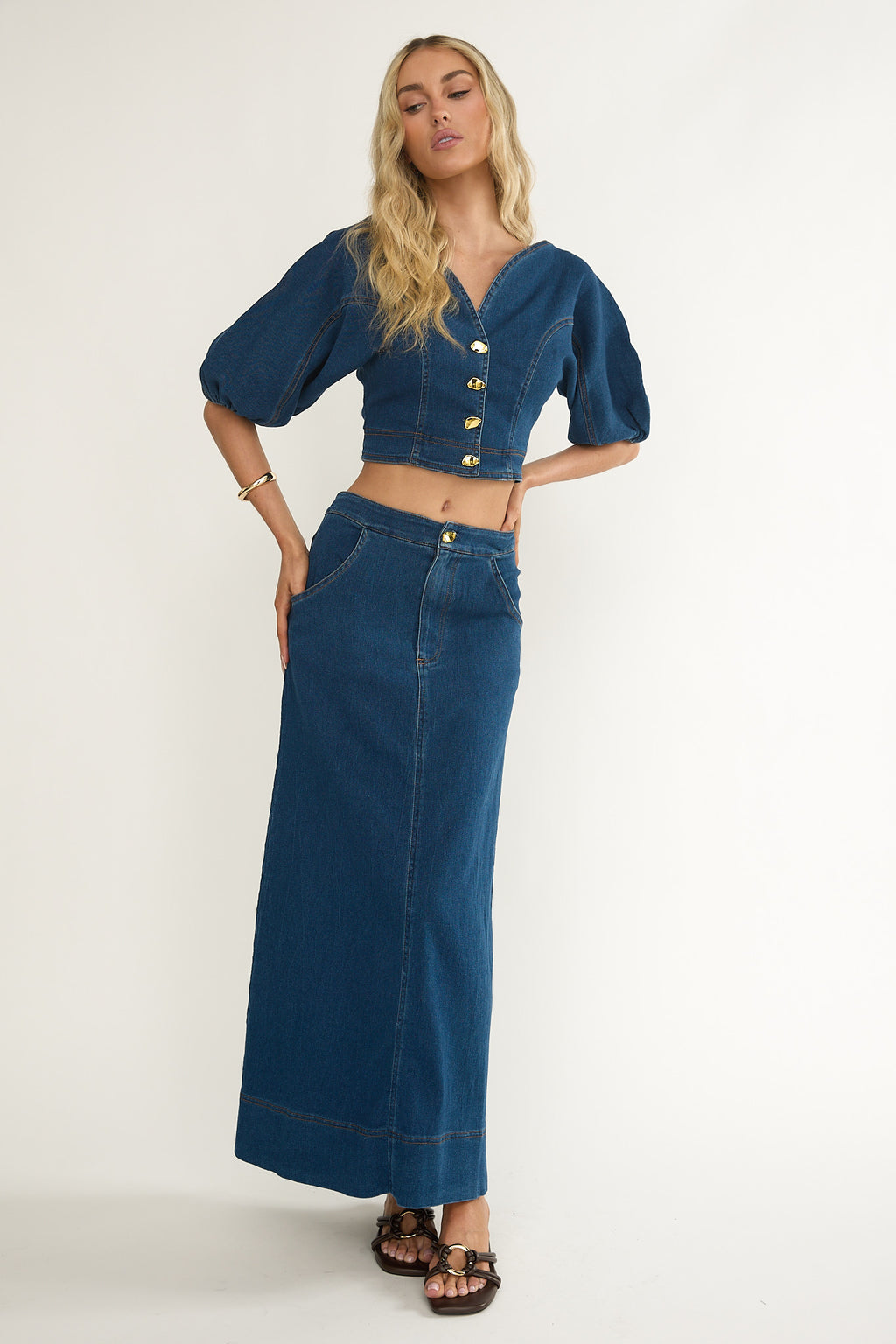 Kaelis Pocket Maxi Skirt Denim by Selfie Leslie