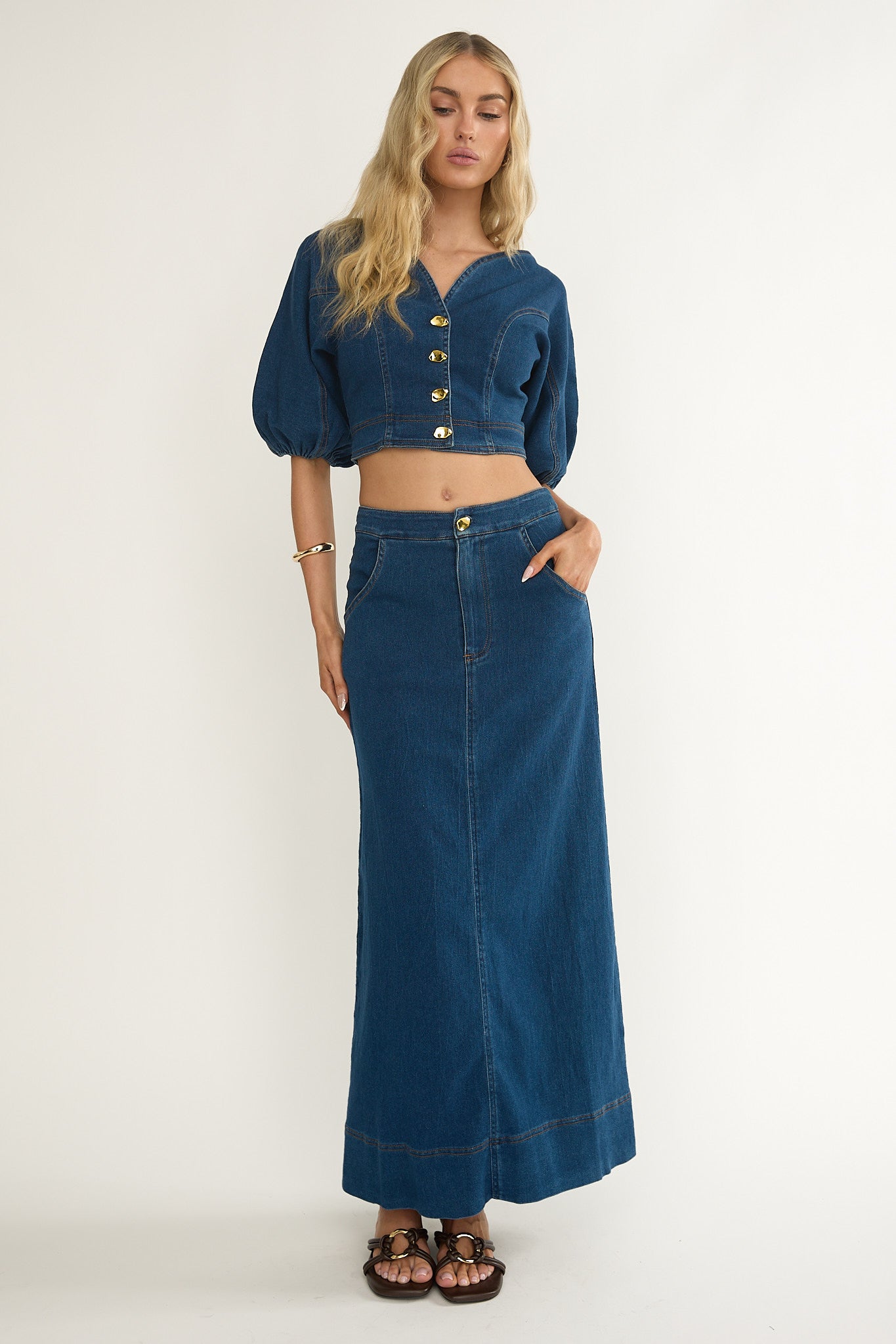 Kaelis Pocket Maxi Skirt Denim by Selfie Leslie