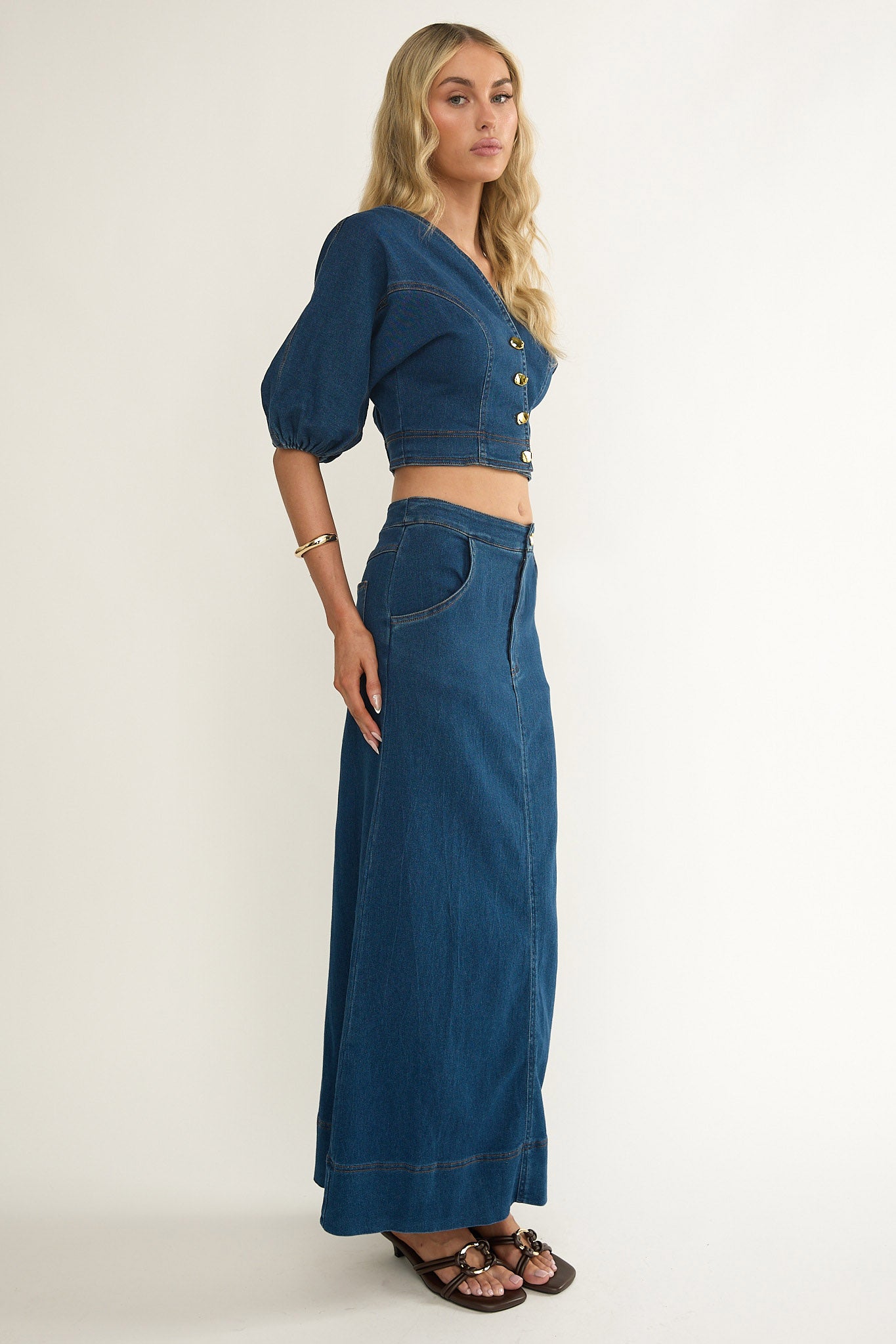 Kaelis Pocket Maxi Skirt Denim by Selfie Leslie