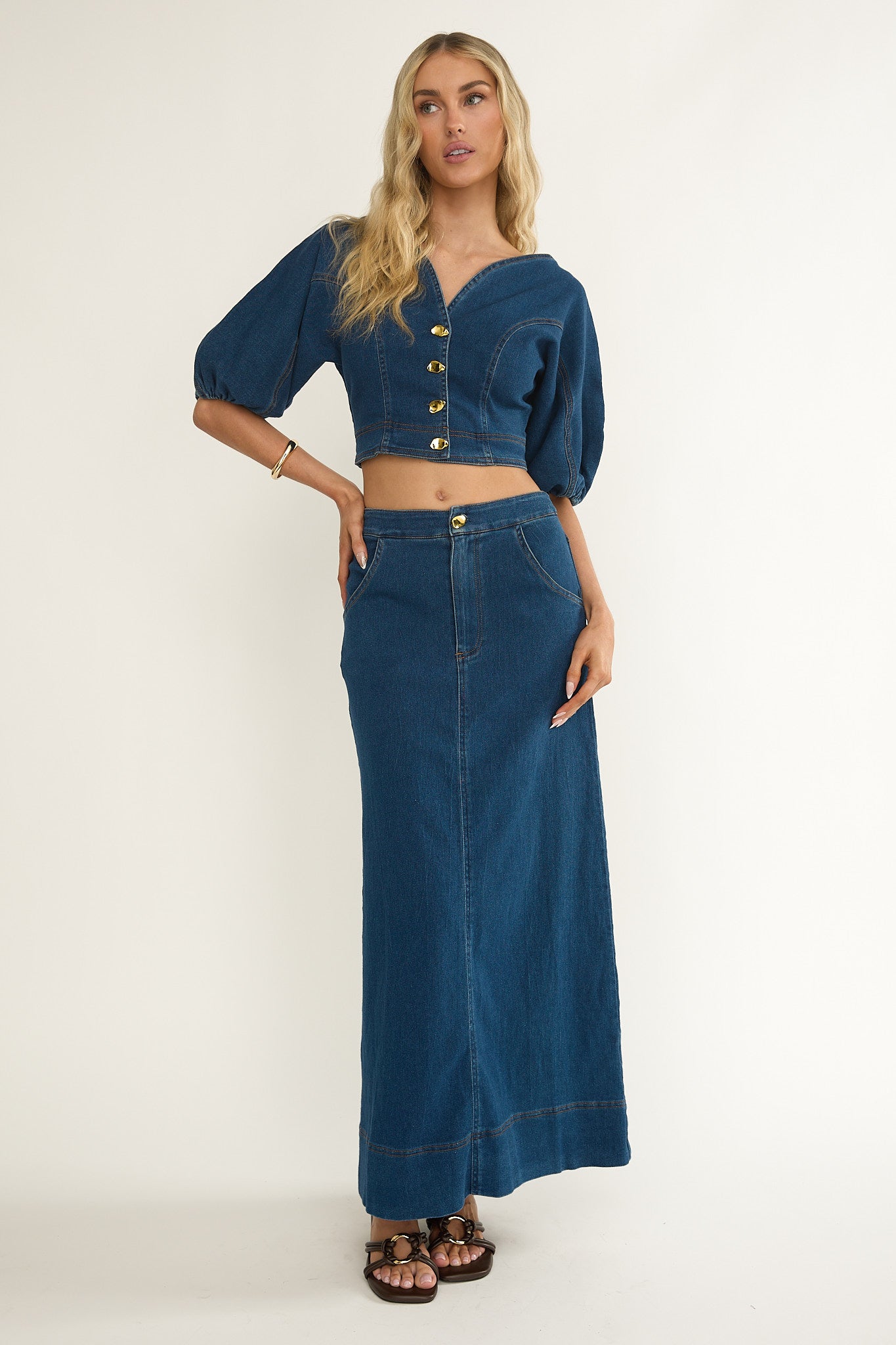 Kaelis Bubble Sleeve Button Top Denim by Selfie Leslie