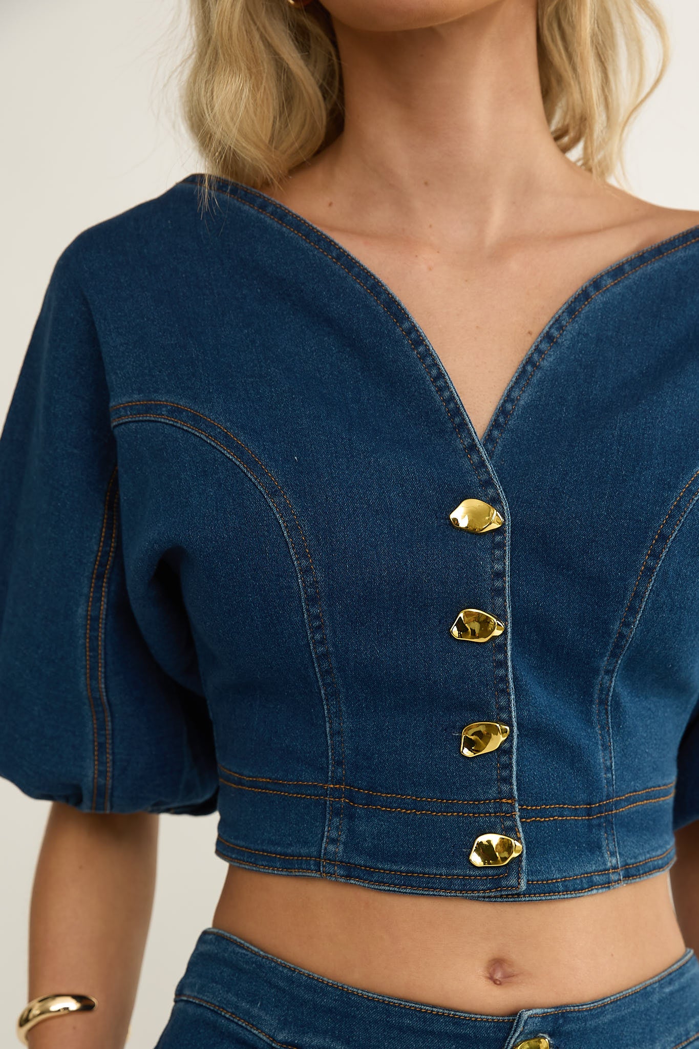 Kaelis Bubble Sleeve Button Top Denim by Selfie Leslie