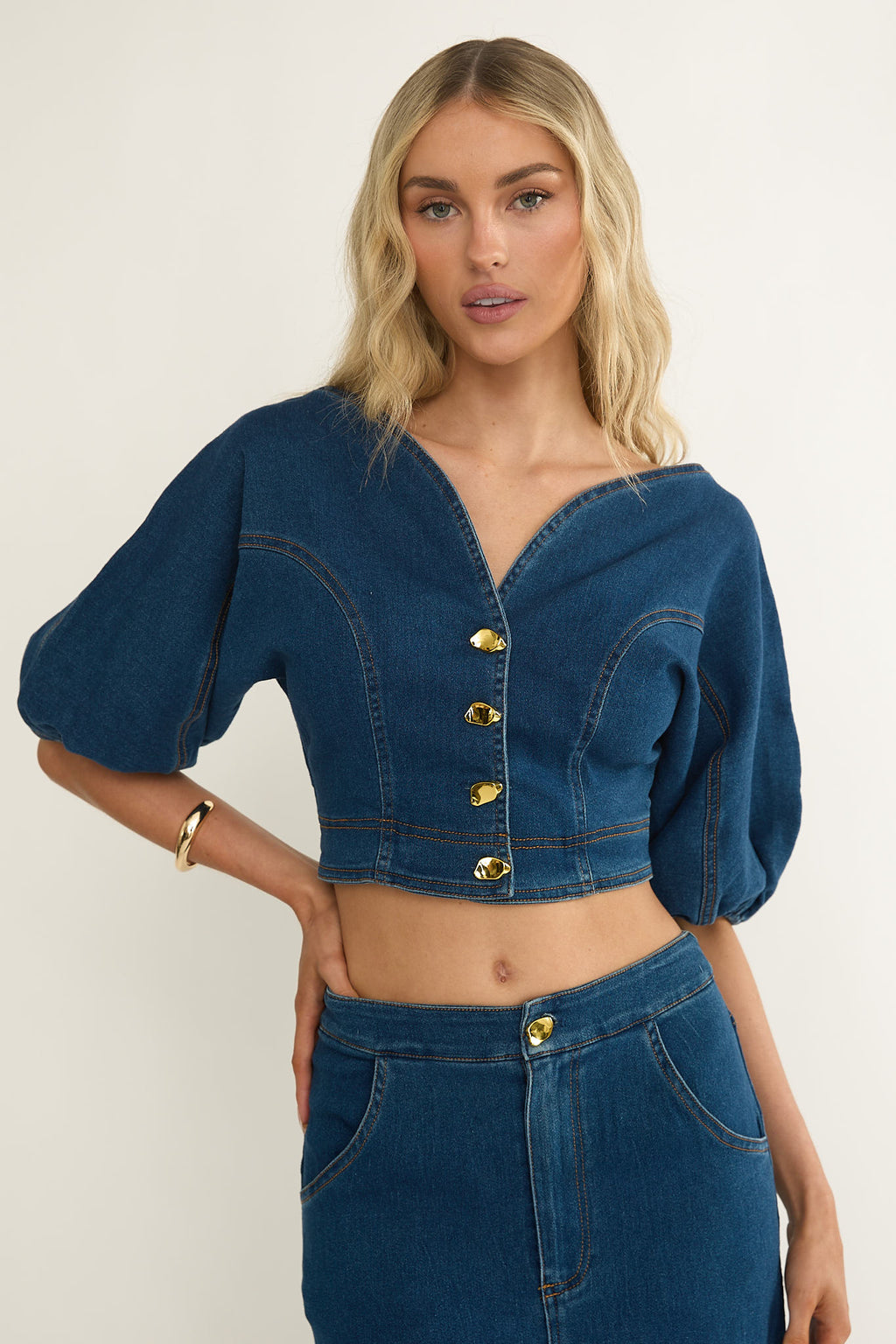 Kaelis Bubble Sleeve Button Top Denim by Selfie Leslie