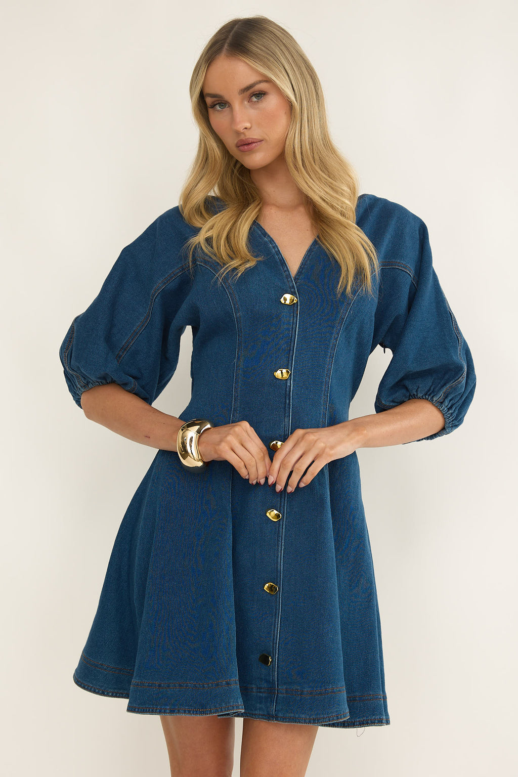 Rivette Bubble Sleeve Mini Dress Denim by Selfie Leslie