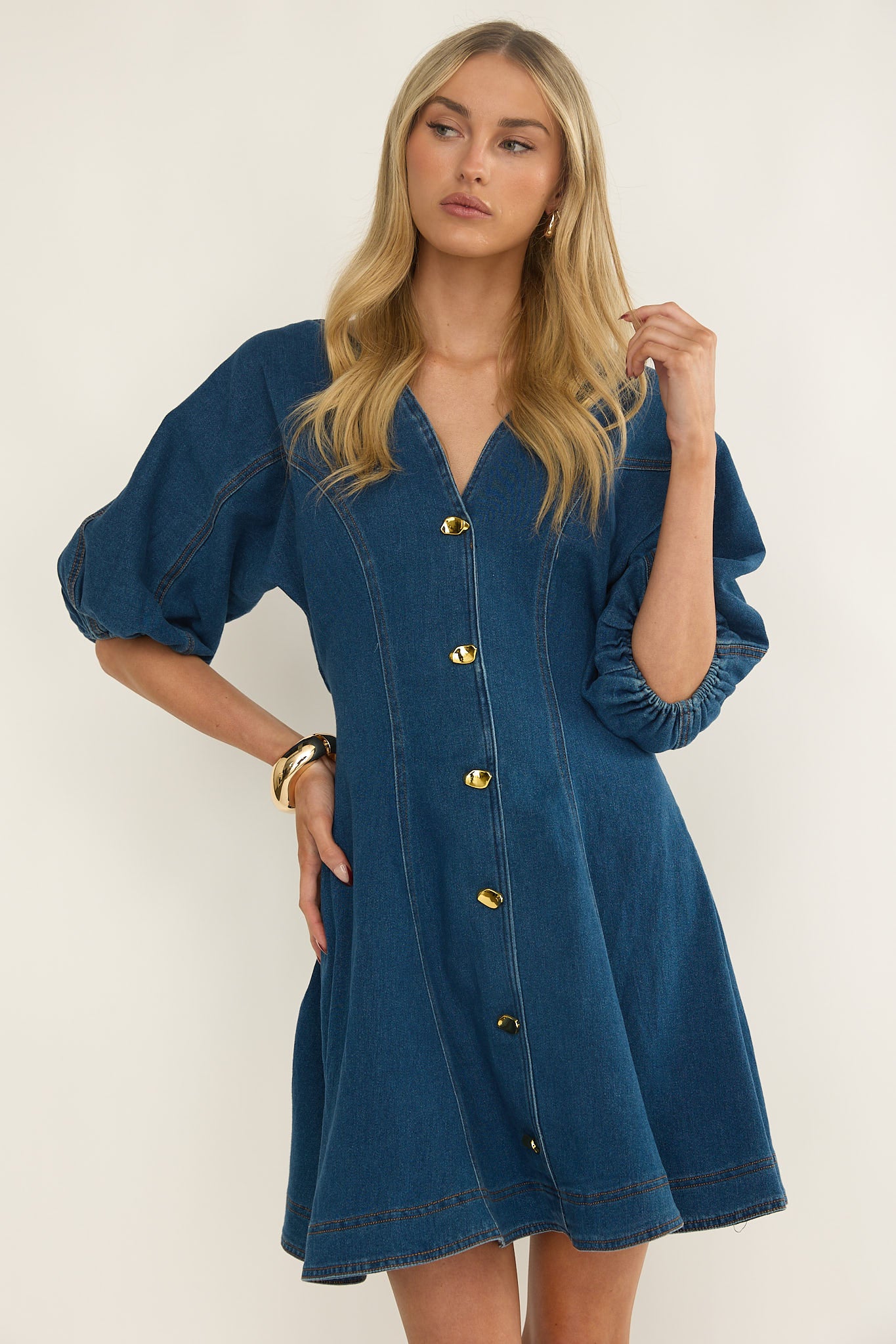 Rivette Bubble Sleeve Mini Dress Denim by Selfie Leslie