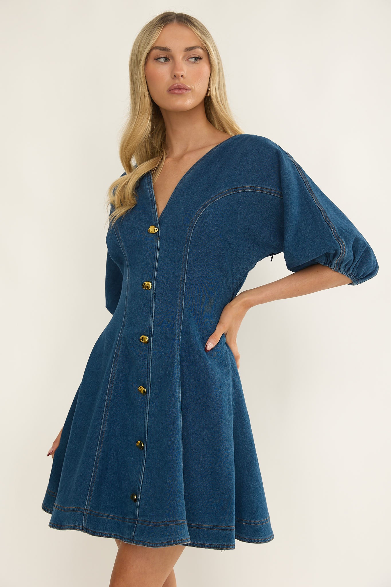 Rivette Bubble Sleeve Mini Dress Denim by Selfie Leslie