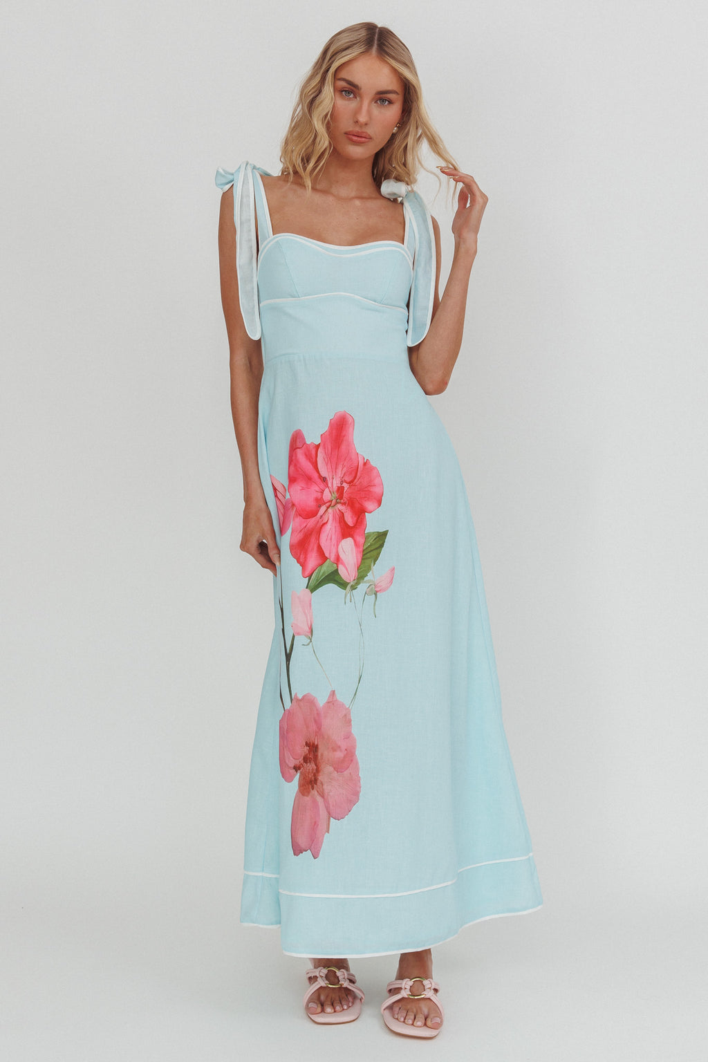 Averin Tied Shoulder Maxi Dress Flower Mint by Selfie Leslie
