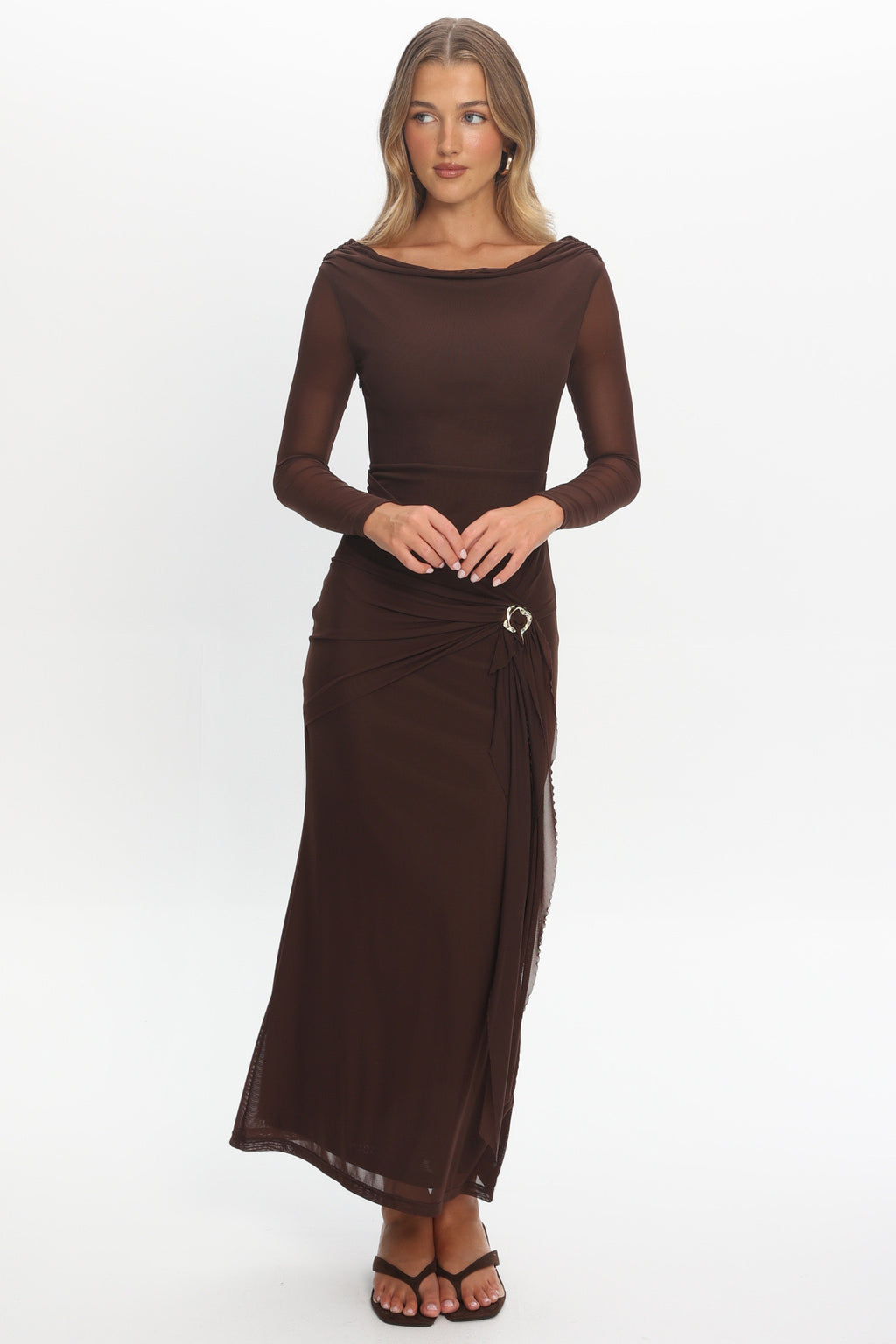 Lyssia Cowl Neck Waist Sash Maxi Dress Chocolate