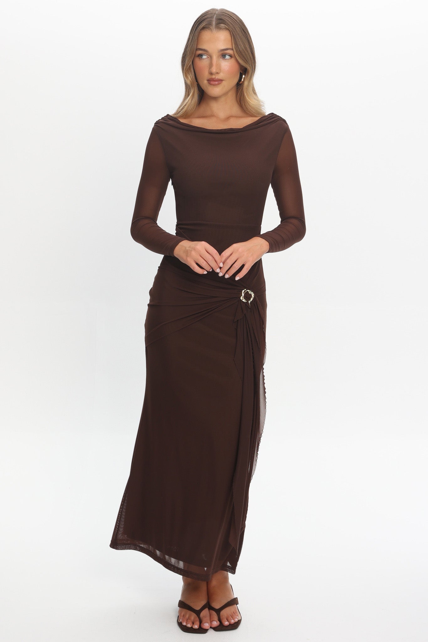 Lyssia Cowl Neck Waist Sash Maxi Dress Chocolate