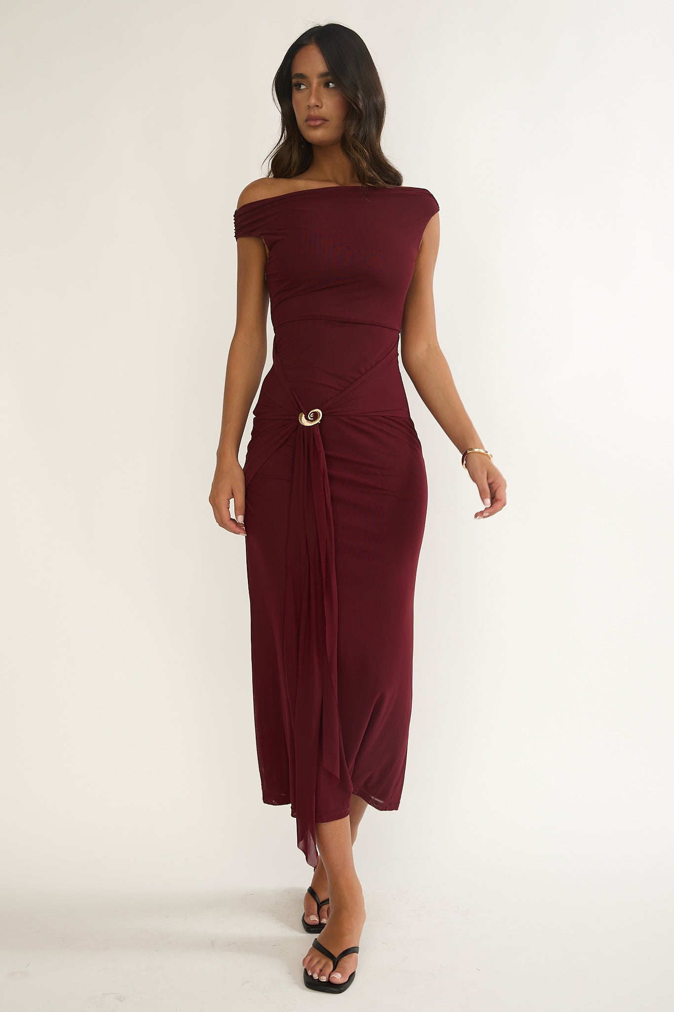 Lyssia Off-Shoulder Waist Sash Maxi Dress Cherry by Selfie Leslie