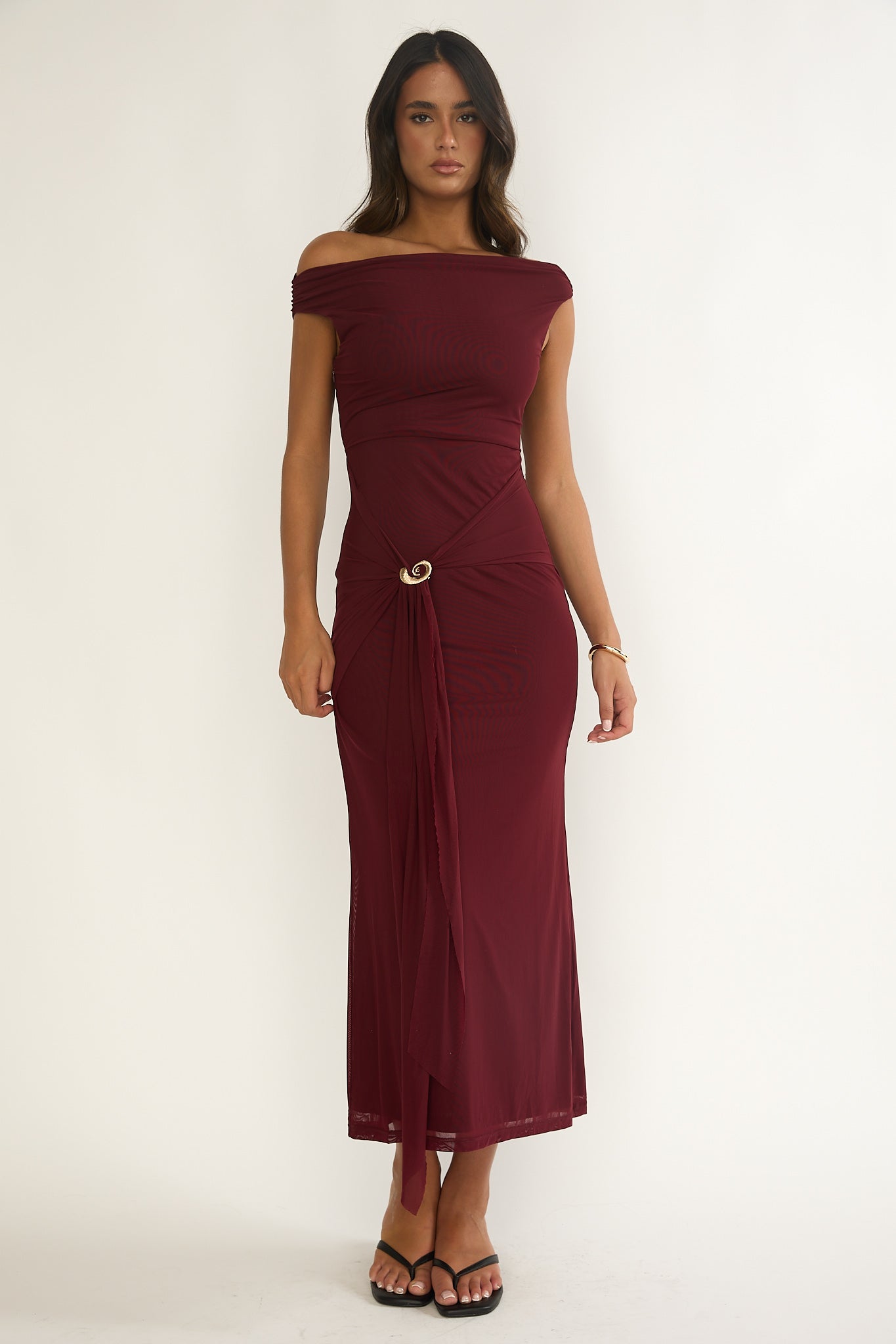 Lyssia Off-Shoulder Waist Sash Maxi Dress Cherry | Selfie Leslie