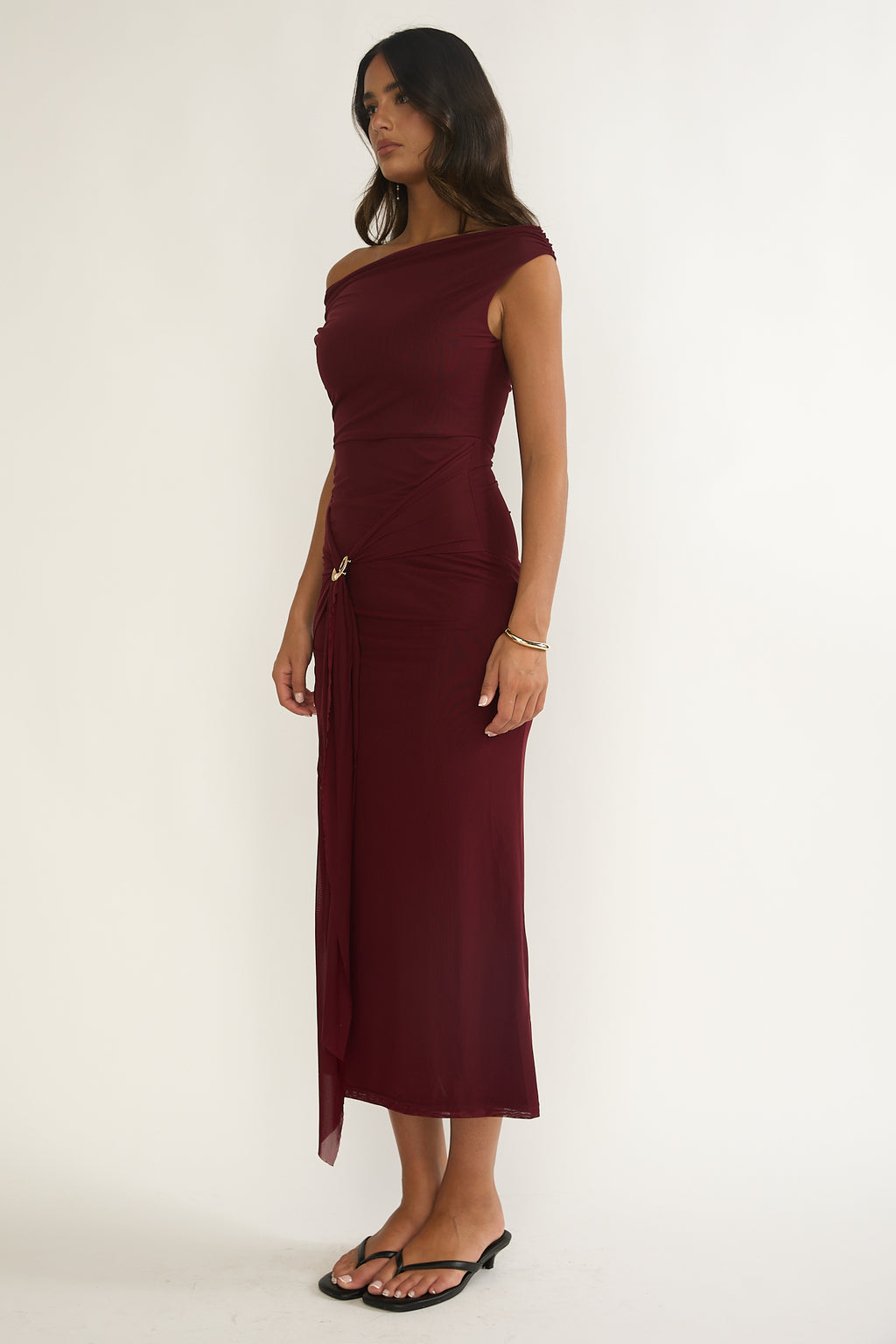 Lyssia Off-Shoulder Waist Sash Maxi Dress Cherry by Selfie Leslie