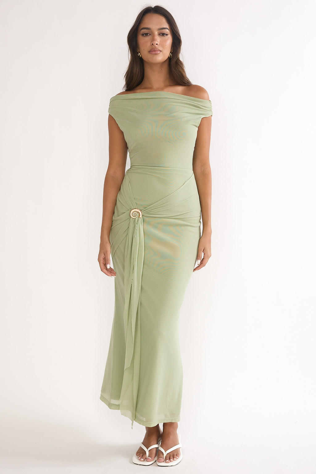 Lyssia Off-Shoulder Waist Sash Maxi Dress Sage by Selfie Leslie