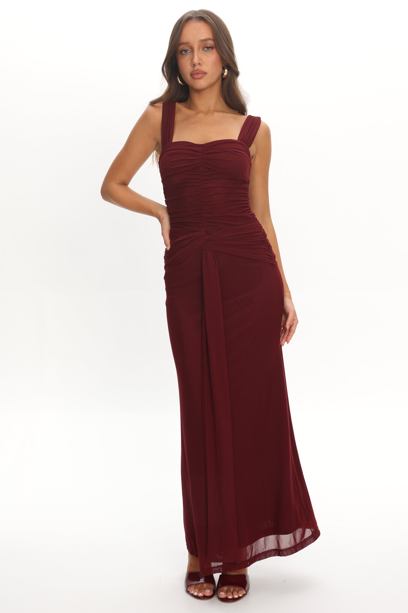 Emara Ruched Waist Sash Maxi Dress Burgundy - XS Emara Ruched Waist Sash Maxi Dress Burgundy - XS
