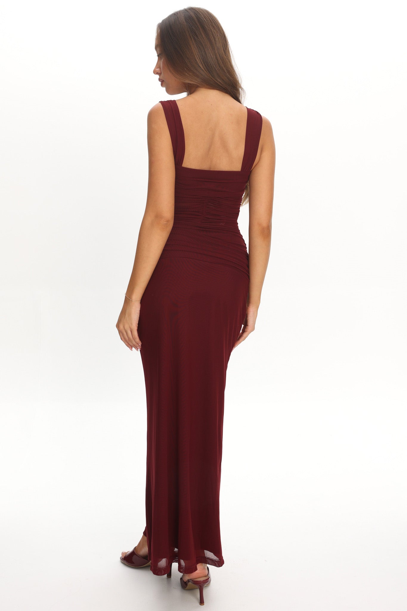 Emara Ruched Waist Sash Maxi Dress Burgundy Emara Ruched Waist Sash Maxi Dress Burgundy