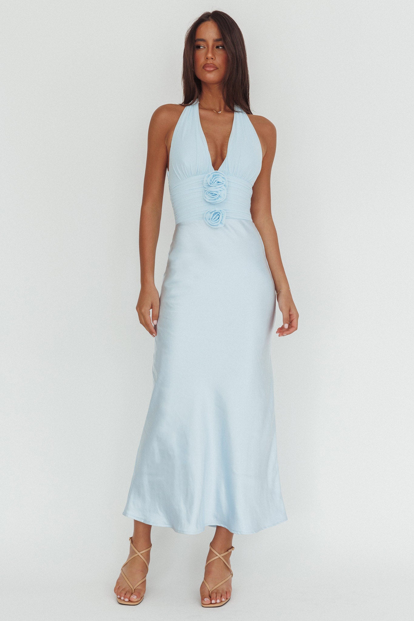 sheller シェリエ halter neck long dress Heliora Halterneck Rosette Bust Maxi Dress Ice Blue | Selfie Leslie