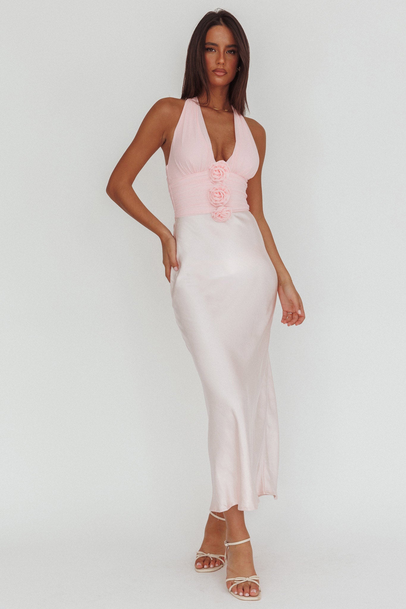 Heliora Halterneck Rosette Bust Maxi Dress Pink by Selfie Leslie