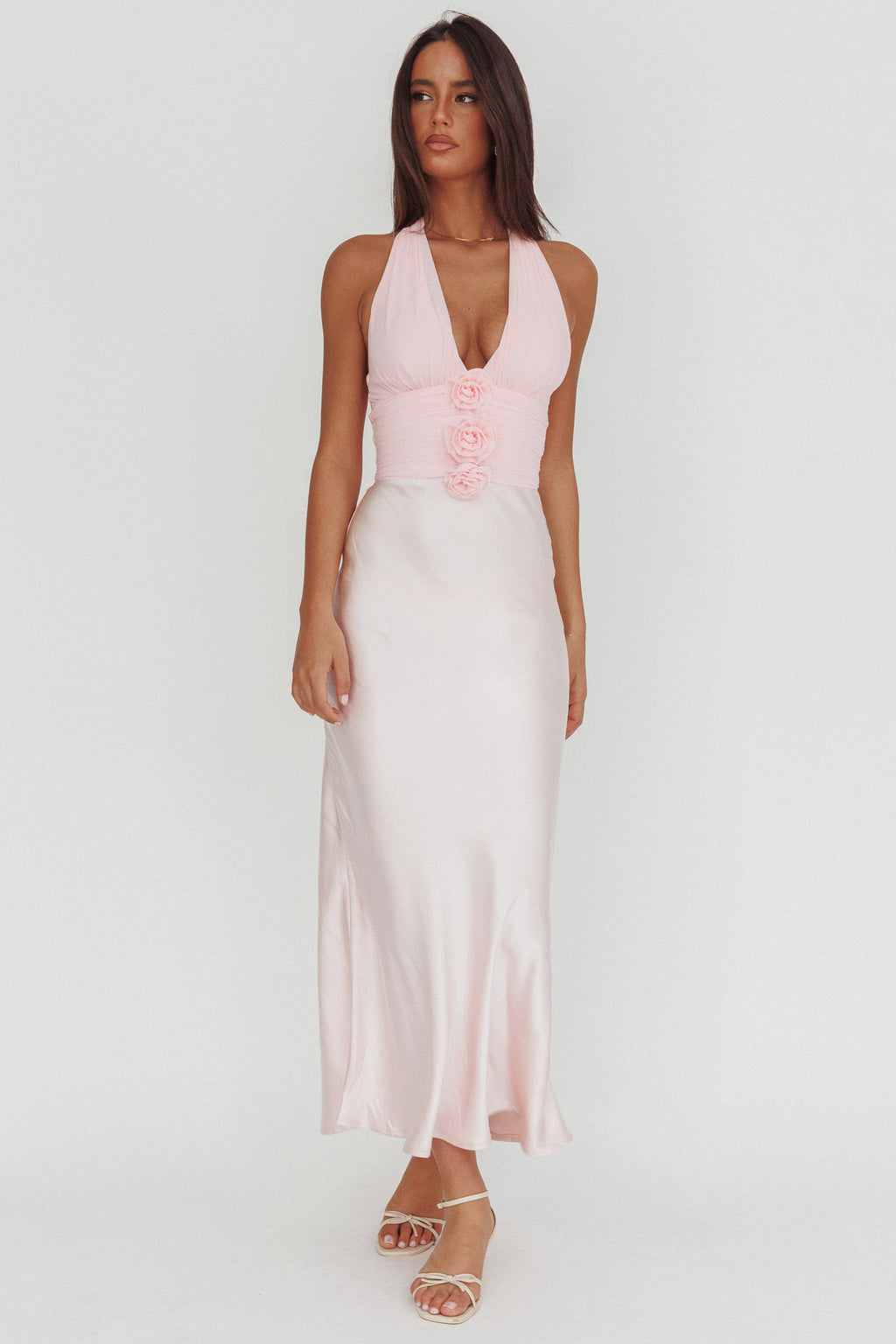 Heliora Halterneck Rosette Bust Maxi Dress Pink by Selfie Leslie