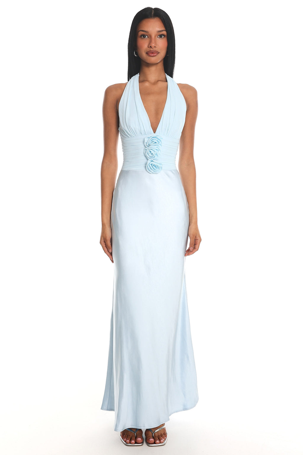 Heliora Halterneck Rosette Bust Maxi Dress Ice Blue by Selfie Leslie