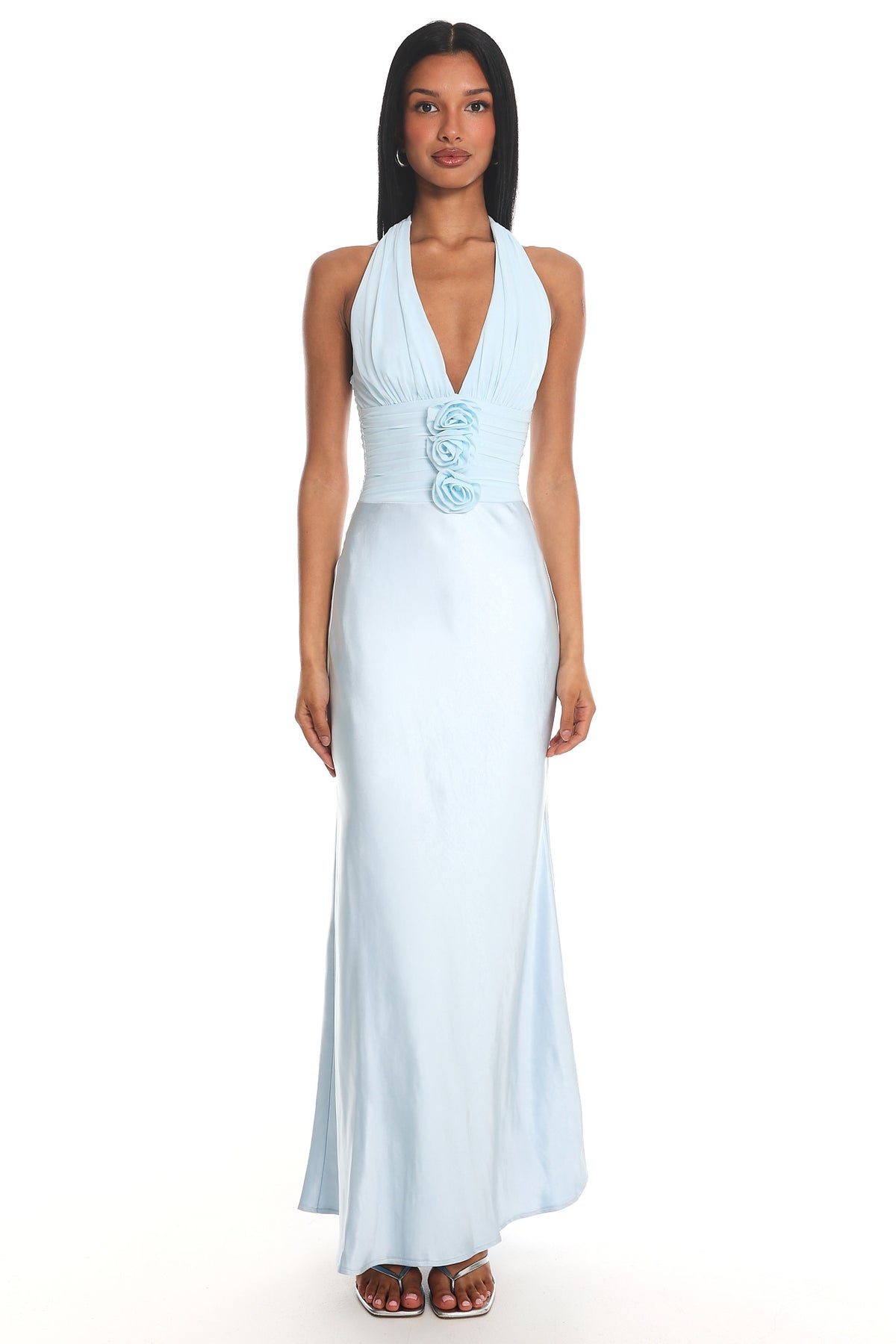 Heliora Halterneck Rosette Bust Maxi Dress Ice Blue by Selfie Leslie