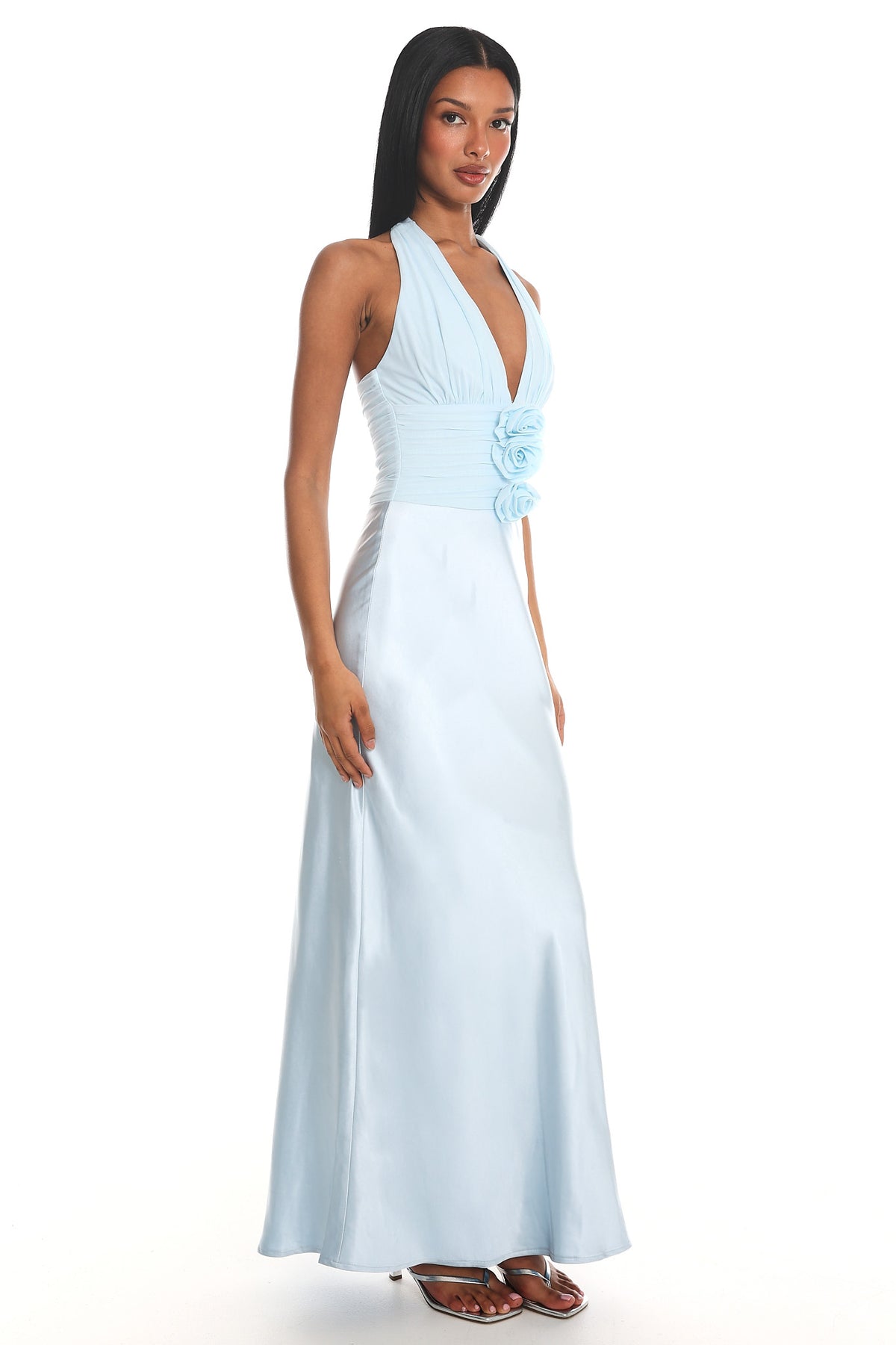 Heliora Halterneck Rosette Bust Maxi Dress Ice Blue by Selfie Leslie