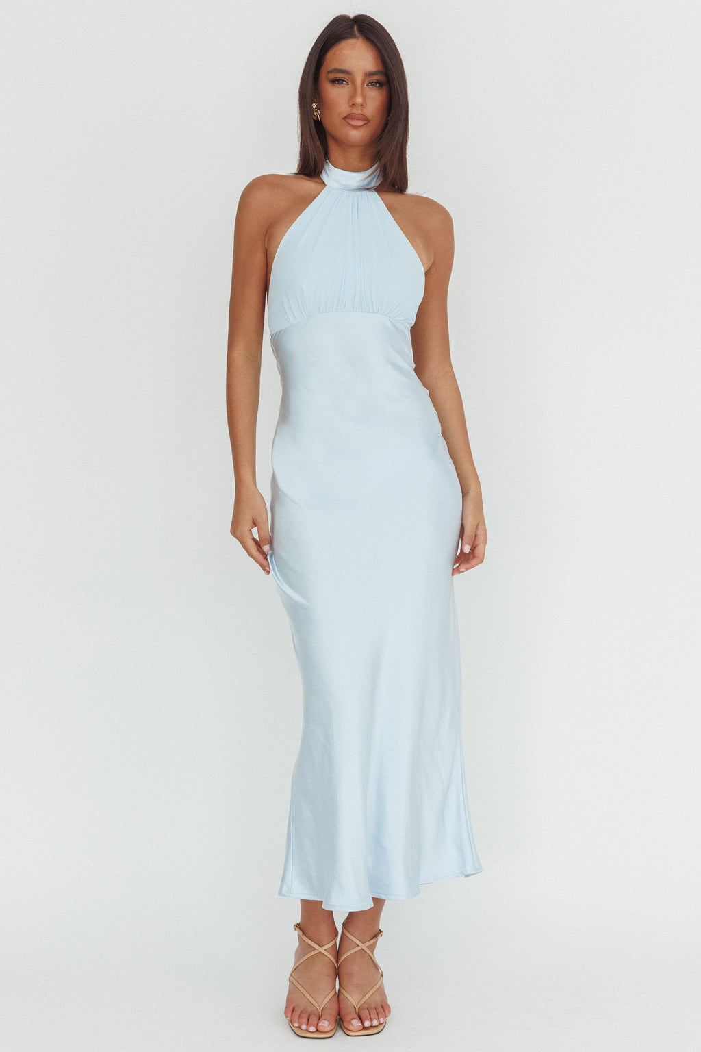ice blue midi dress Chic Puff Sleeve Ice Blue A-line Midi Dress