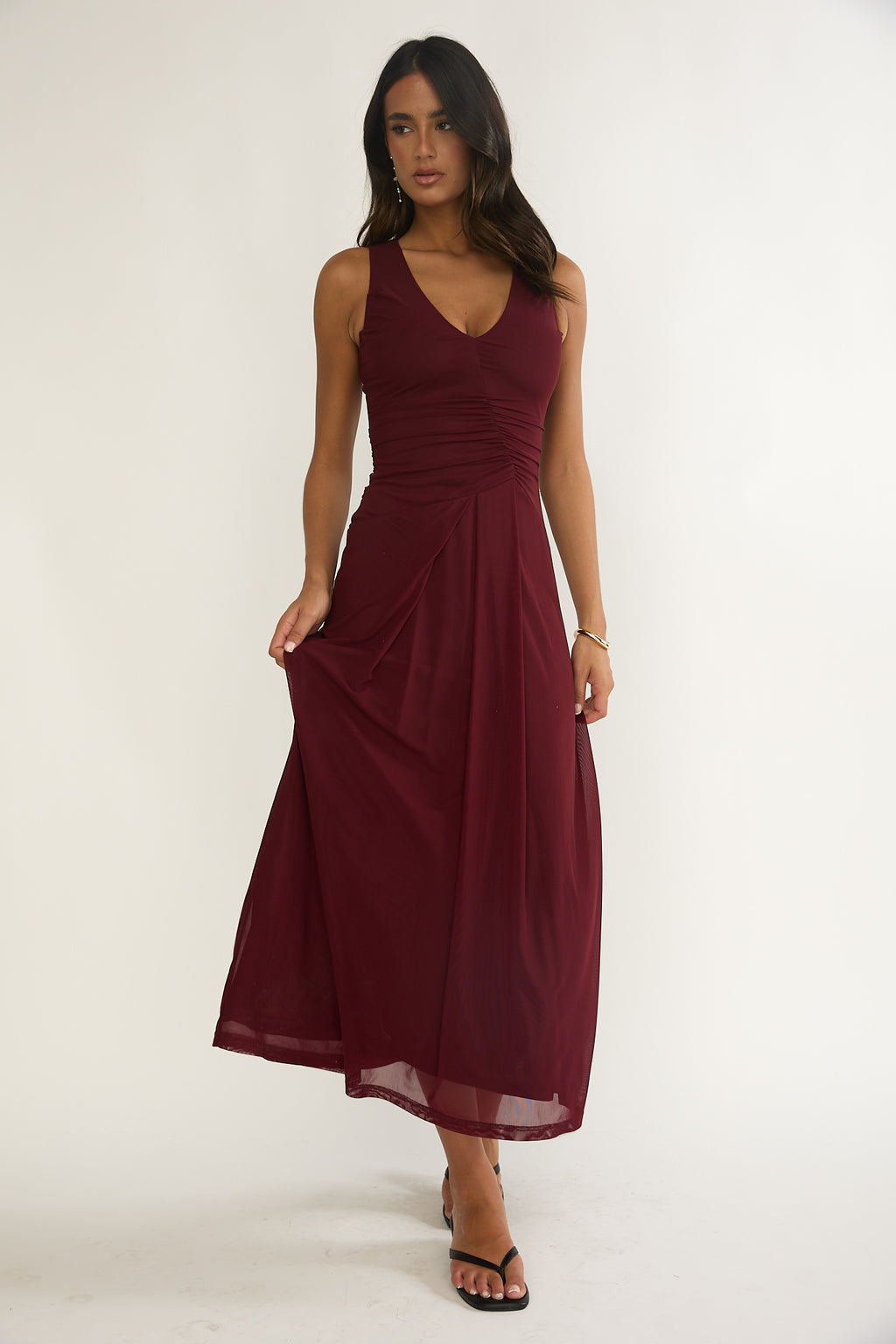 Cambrea Ruched Bodice Midi Dress Burgundy by Selfie Leslie