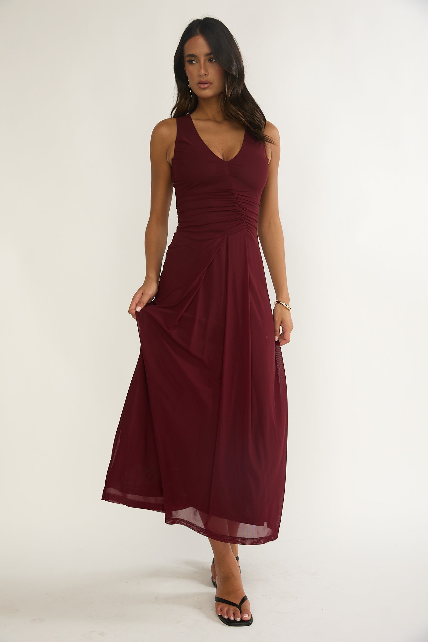 Cambrea Ruched Bodice Midi Dress Burgundy by Selfie Leslie