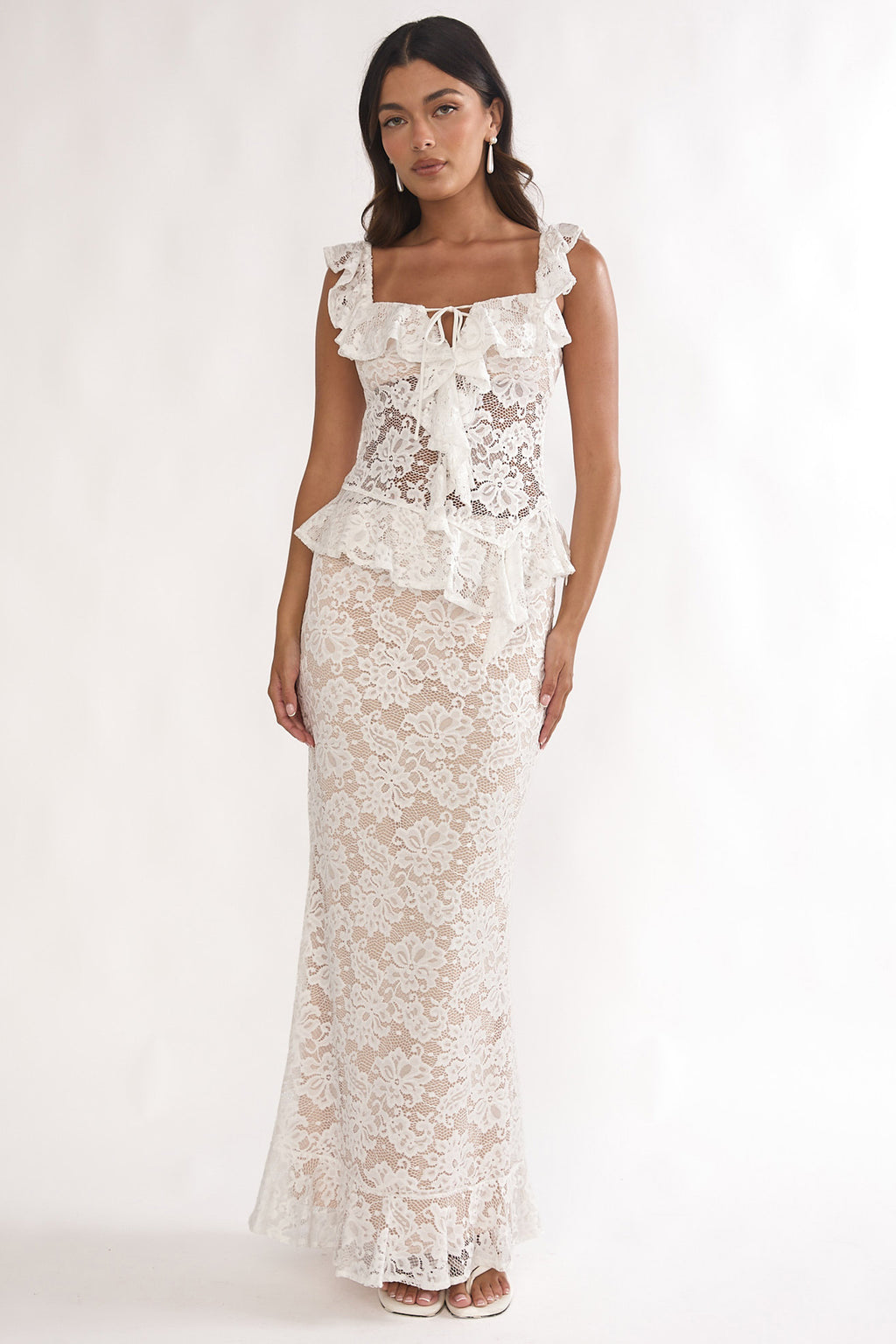 Kelina Ruffle Hem Lace Maxi Skirt White by Selfie Leslie