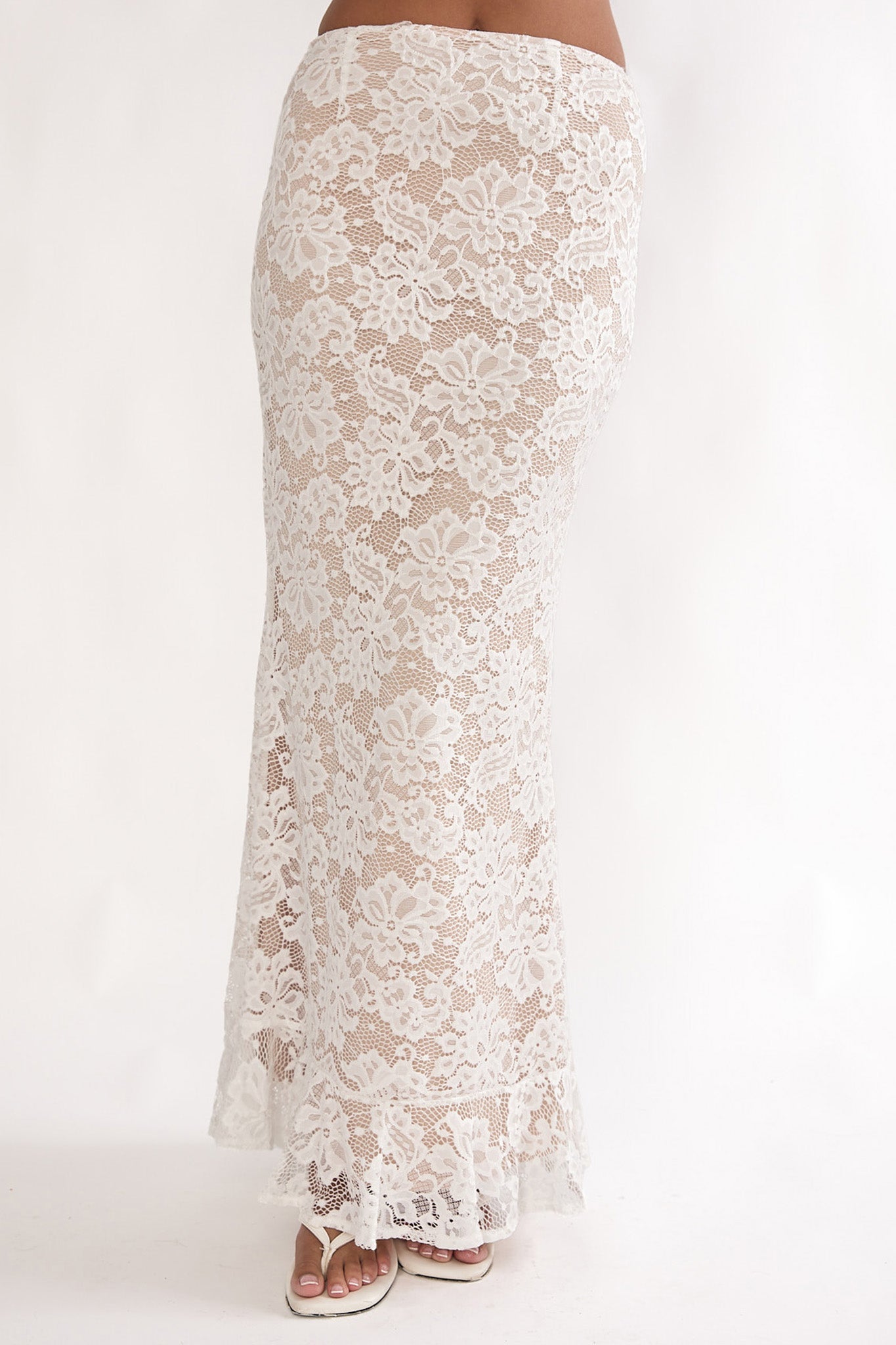 Kelina Ruffle Hem Lace Maxi Skirt White | Selfie Leslie