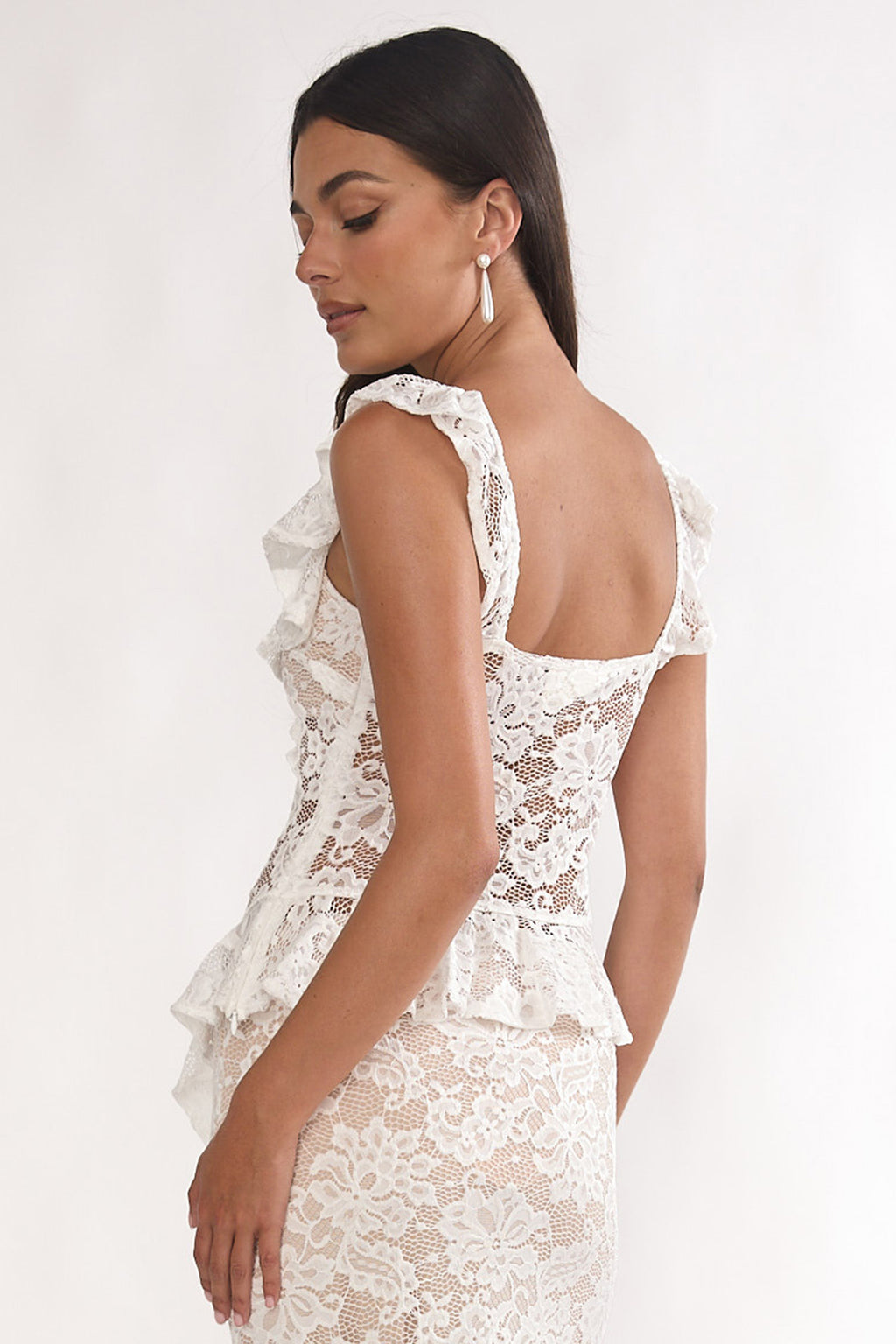 Kelina Ruffle Trim Lace Top White by Selfie Leslie