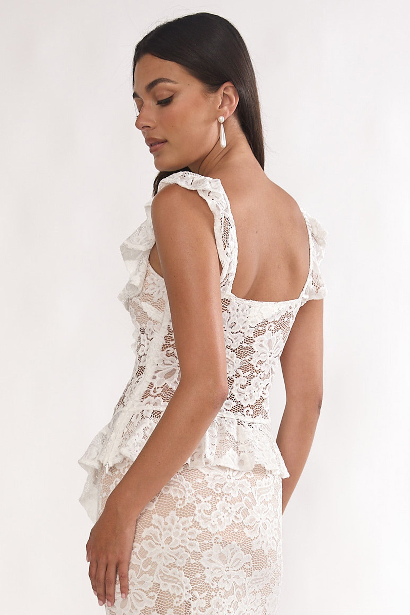 Kelina Ruffle Trim Lace Top White by Selfie Leslie