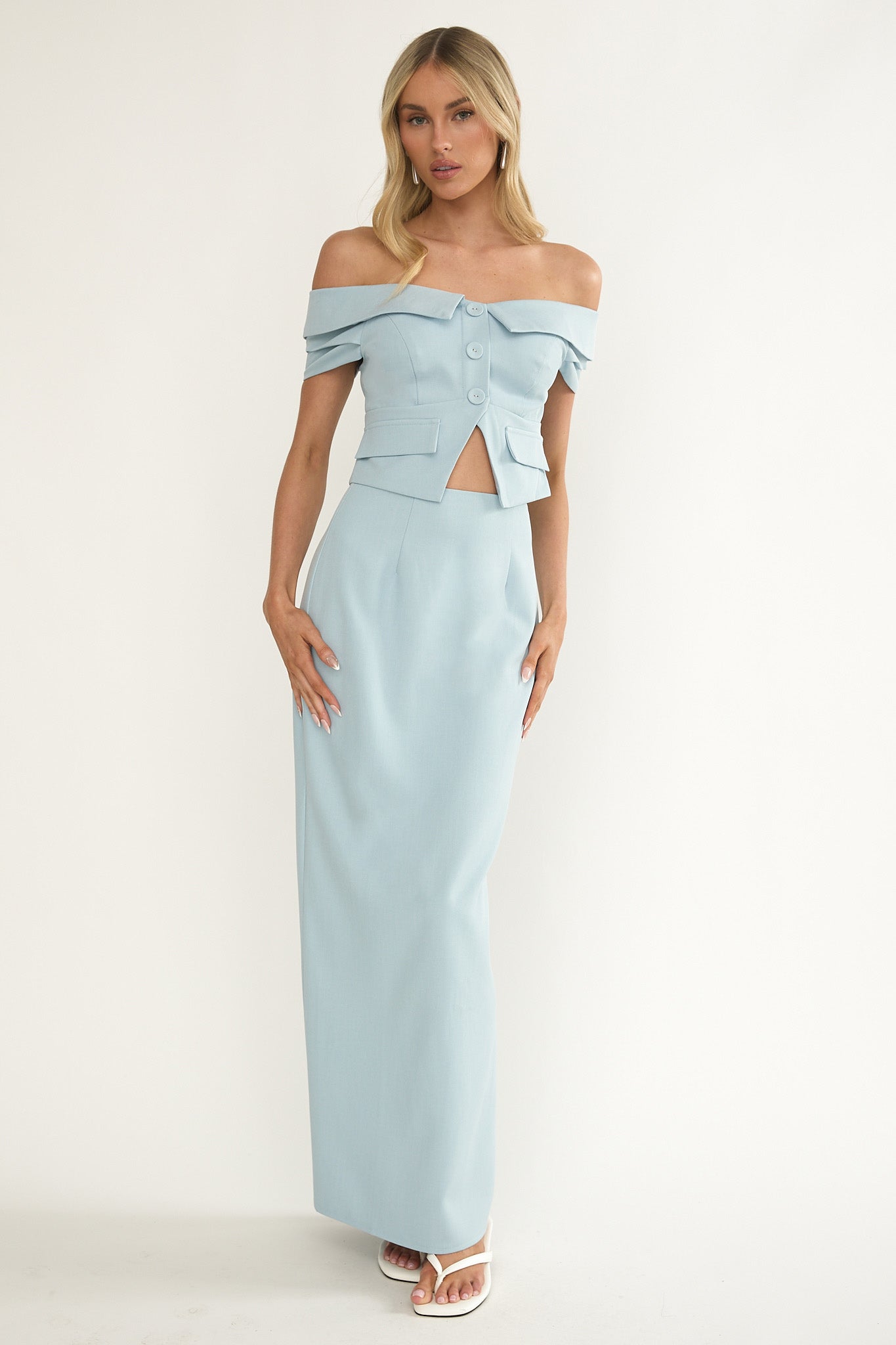 Maelie Foldover Off-Shoulder Top Blue by Selfie Leslie
