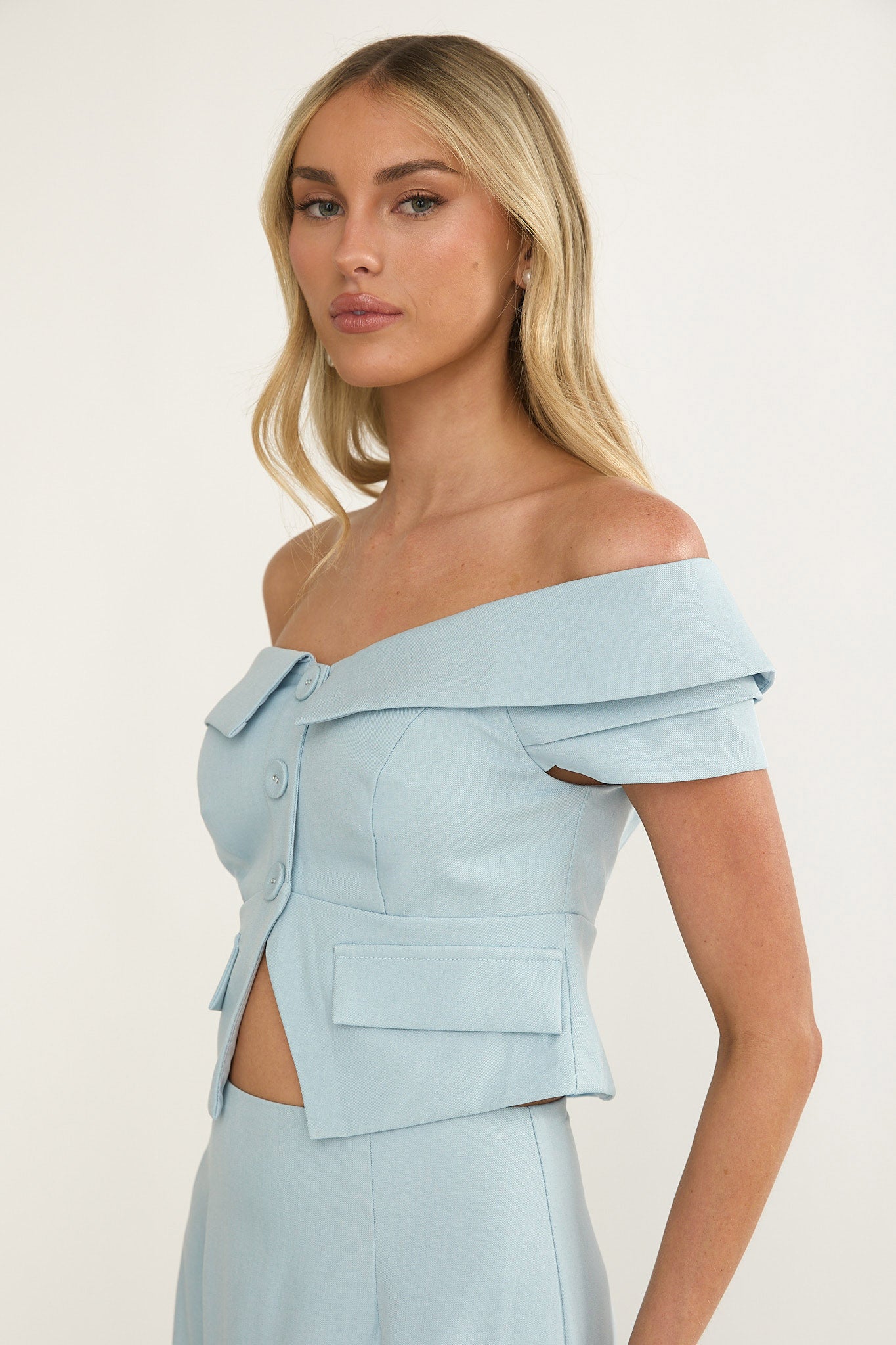 Maelie Foldover Off-Shoulder Top Blue by Selfie Leslie