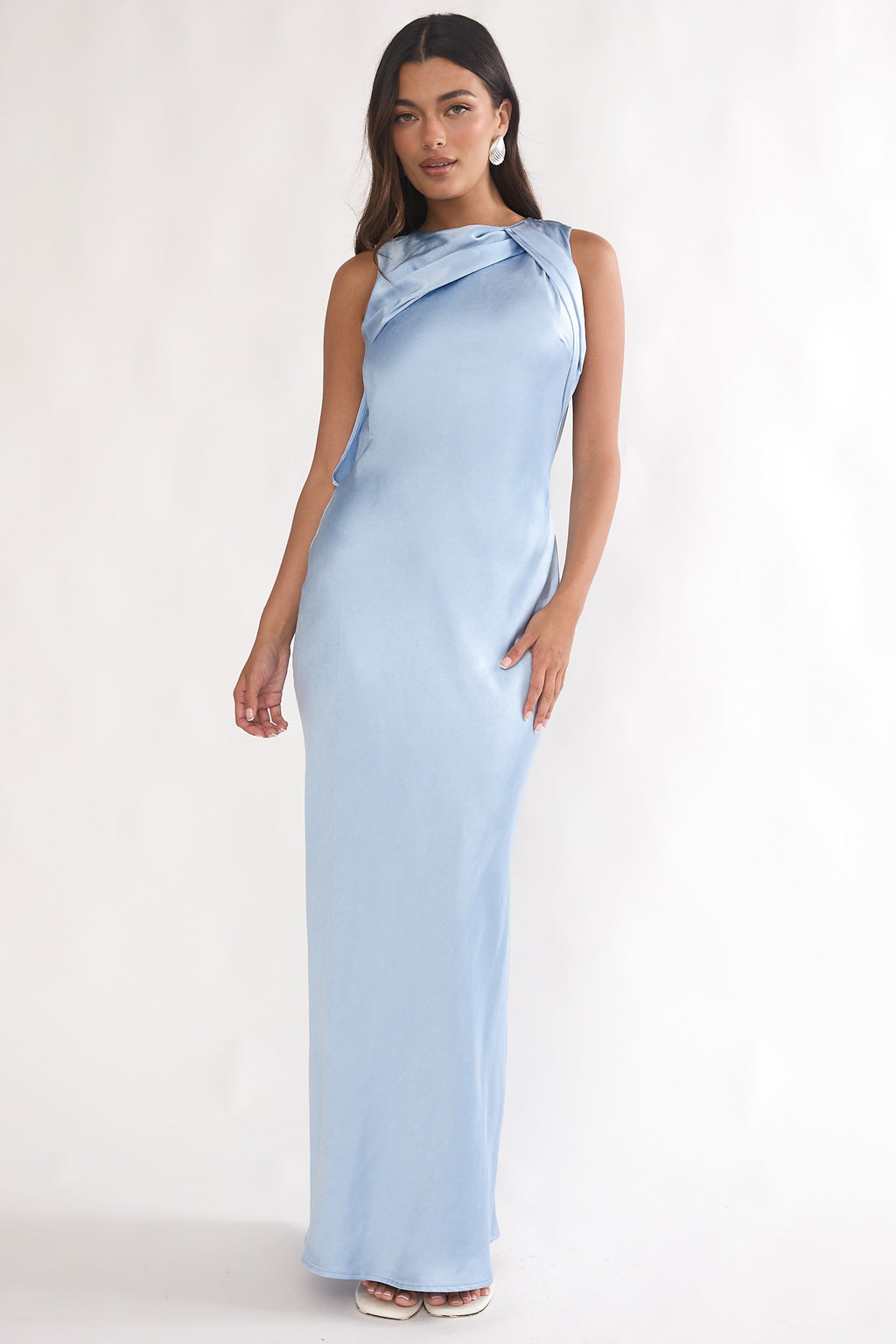 draped blue dress va Blue Draped Gathered Maxi Dress