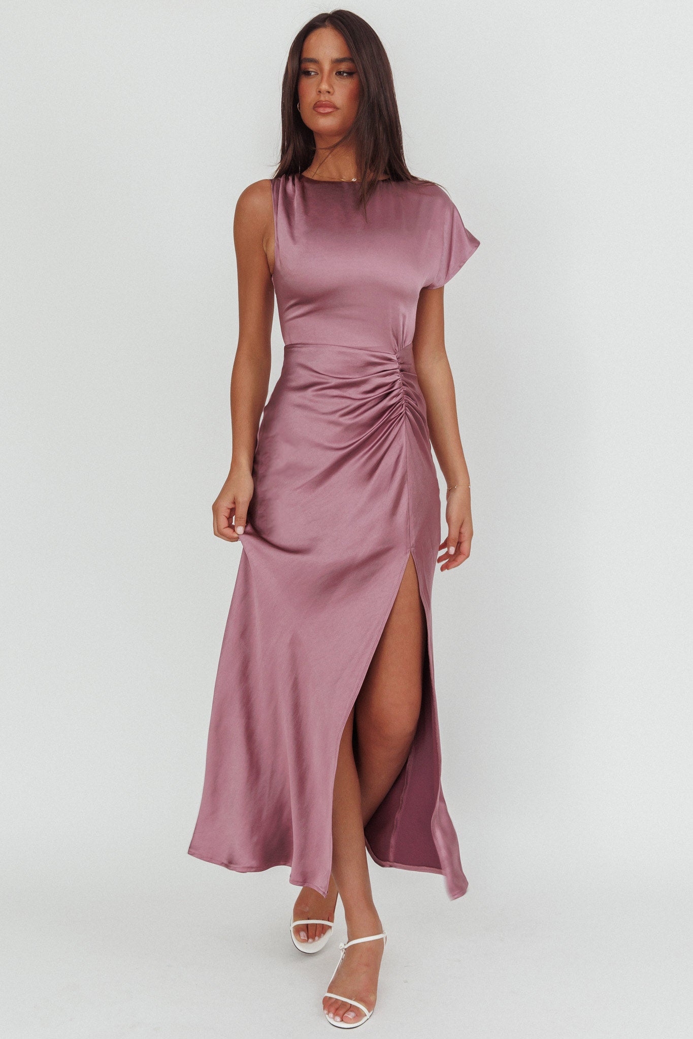 Larelle One-Sleeve Front Split Maxi Dress Grape by Selfie Leslie